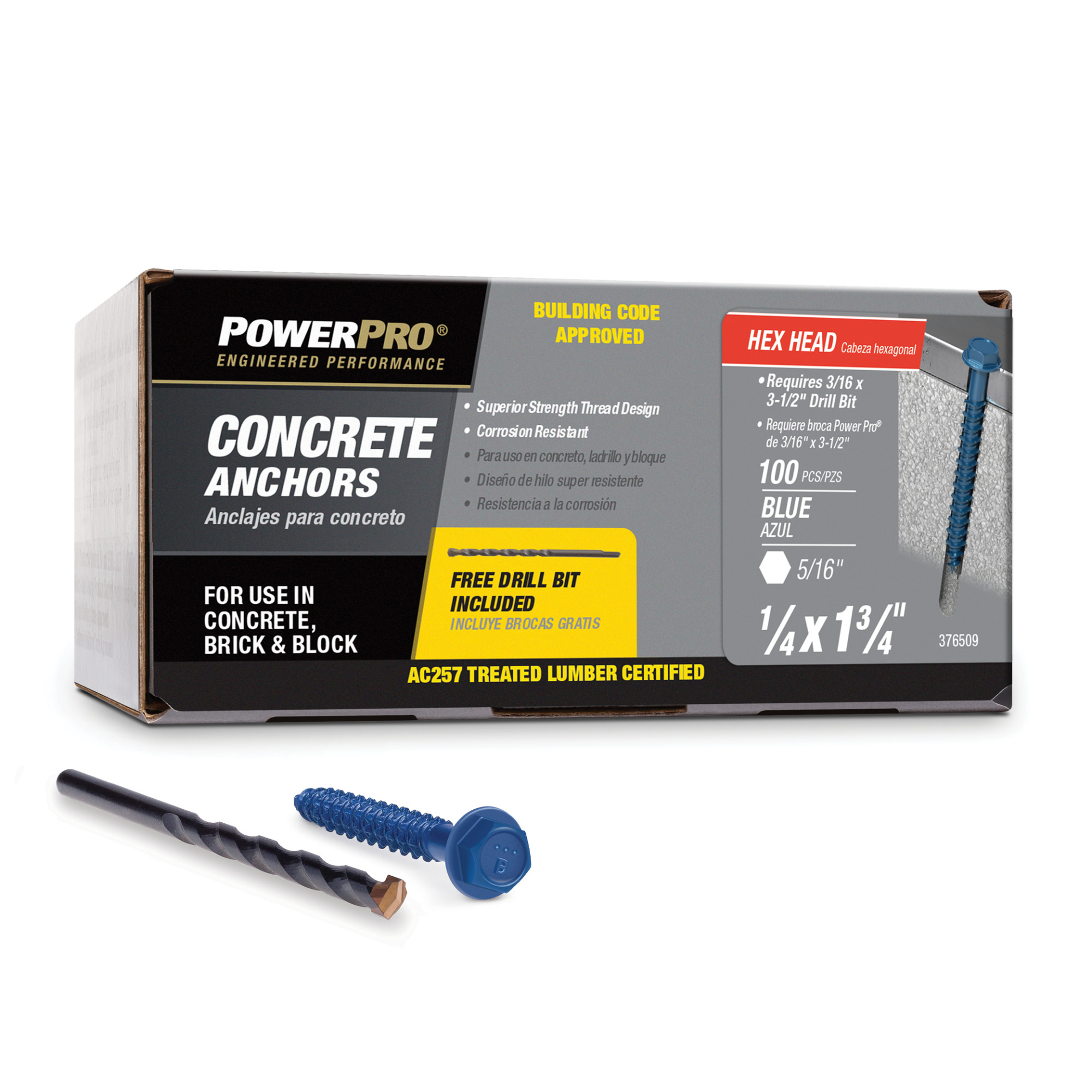 Power Pro Blue Hex Washer-Head Concrete Screw Anchor (1/4 in. x 1-3/4 in.) - 100 pc