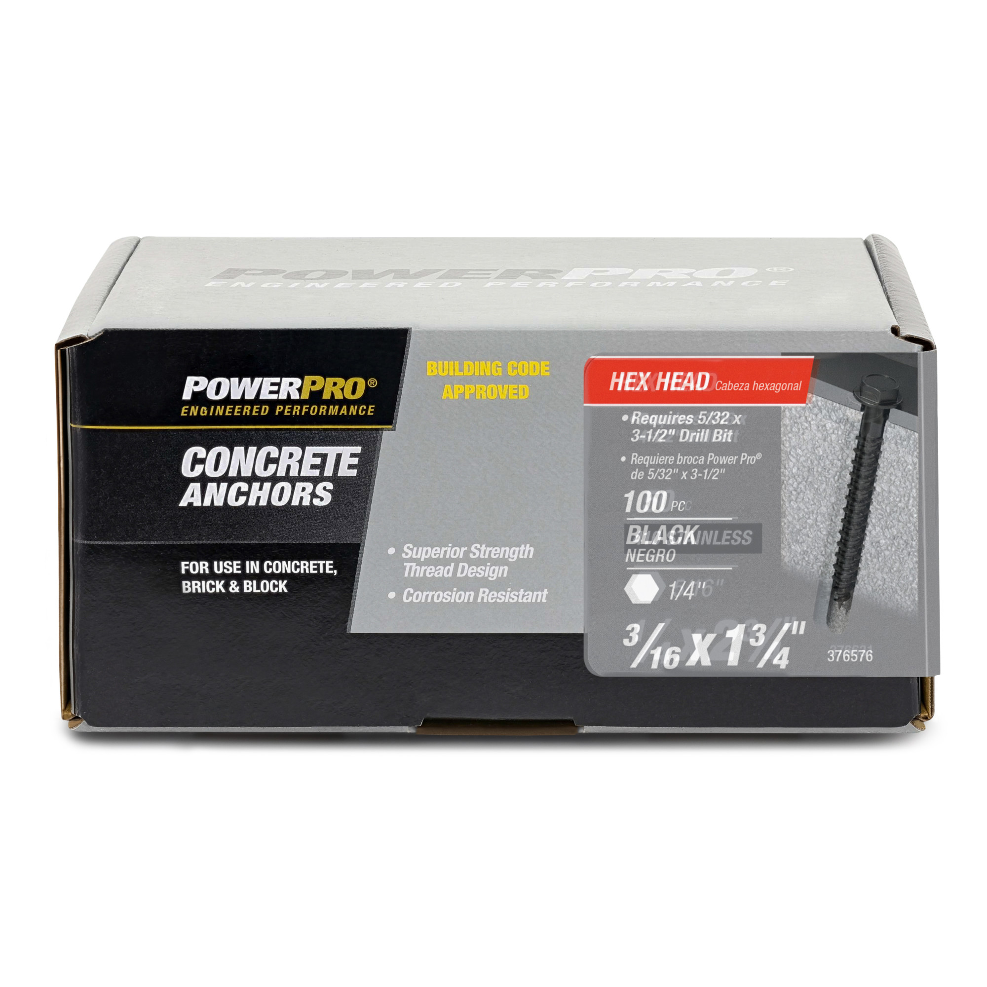 Power Pro Black Hex Washer-Head Concrete Screw Anchor (3/16 in. x 1-3/4 in.) - 100 pc