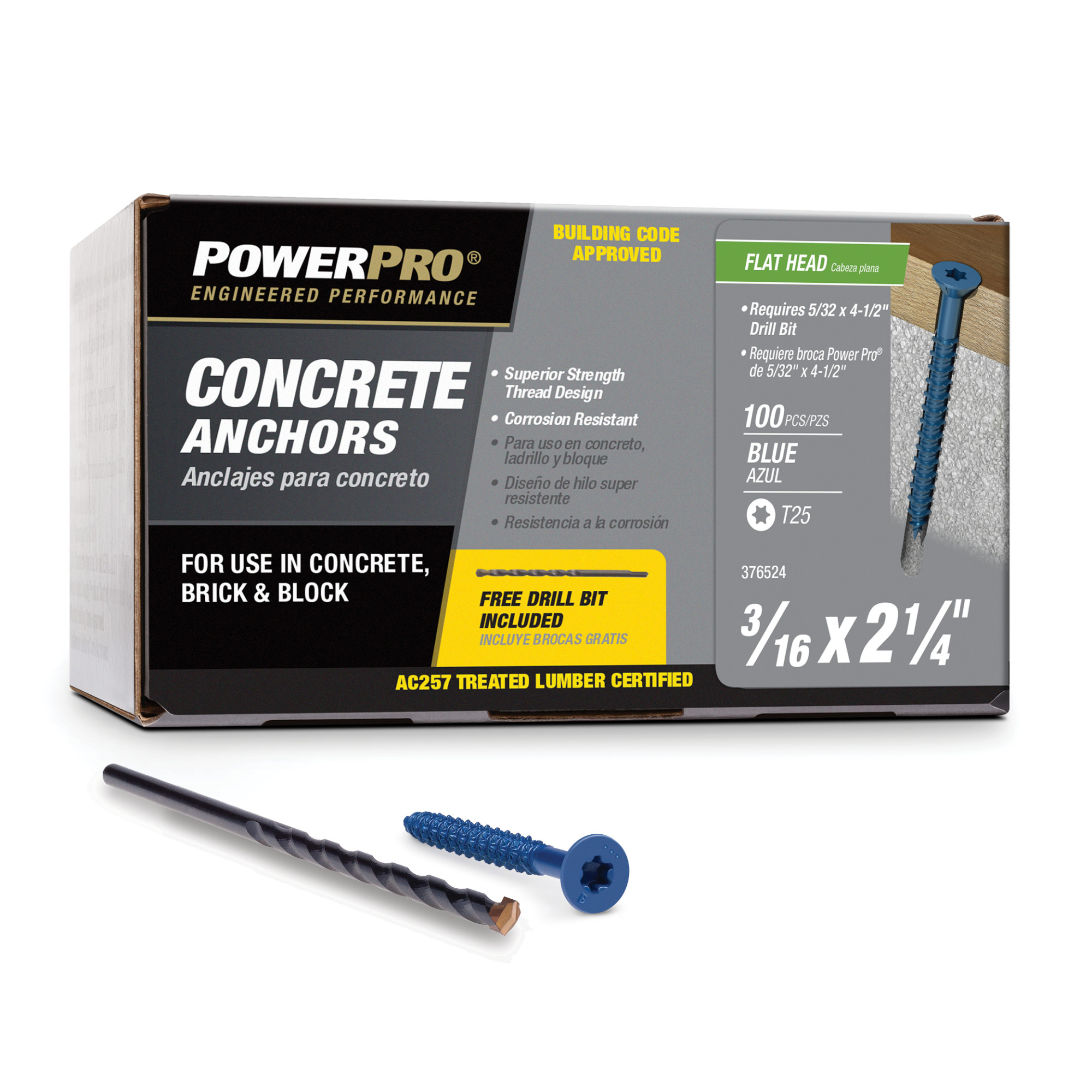 Power Pro Blue Flat-Head Concrete Screw Anchor (3/16 in. x 2-1/4 in.) - 100 pc