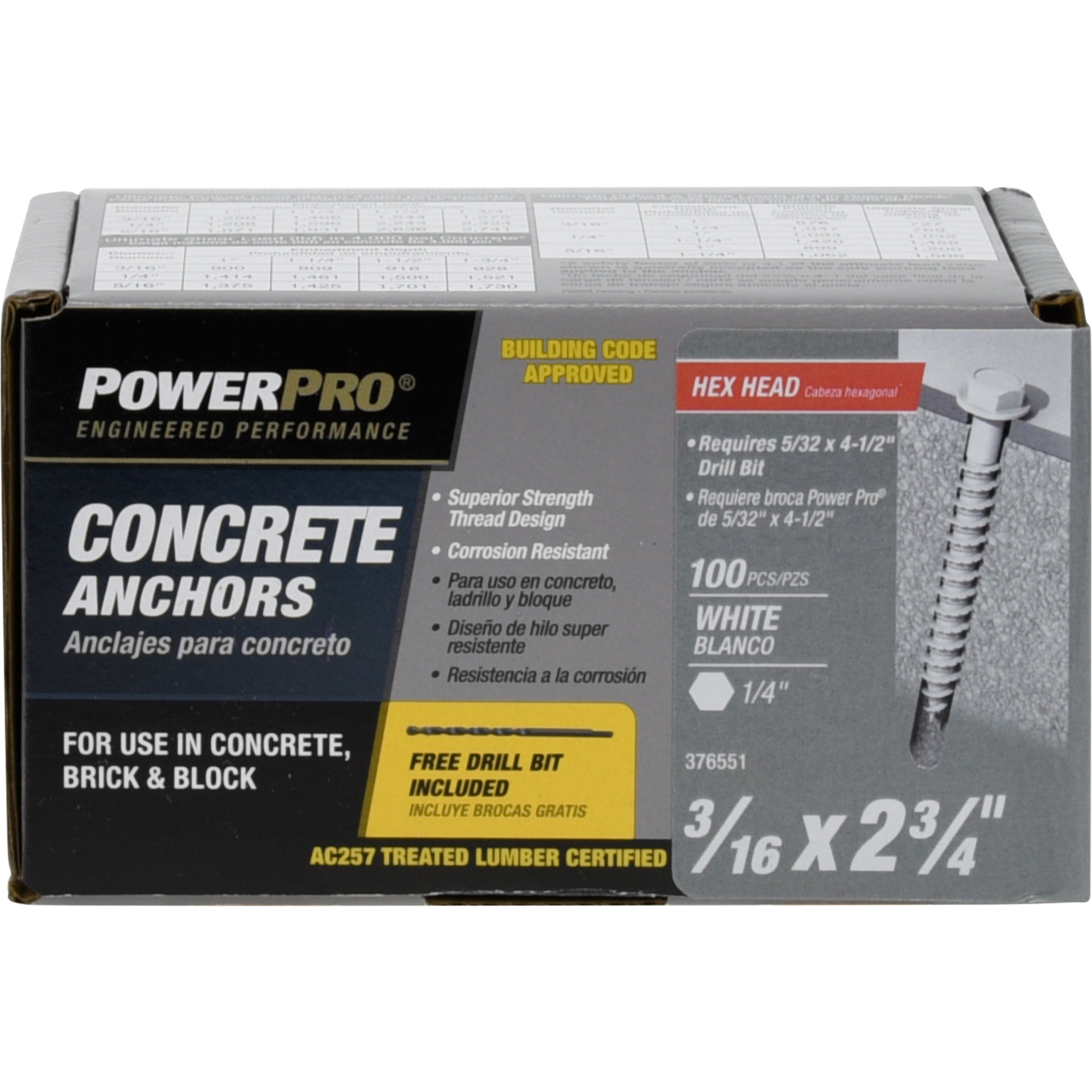 Power Pro White Hex Washer-Head Concrete Screw Anchor (3/16 in. x 2-3/4 in.) - 100 pc