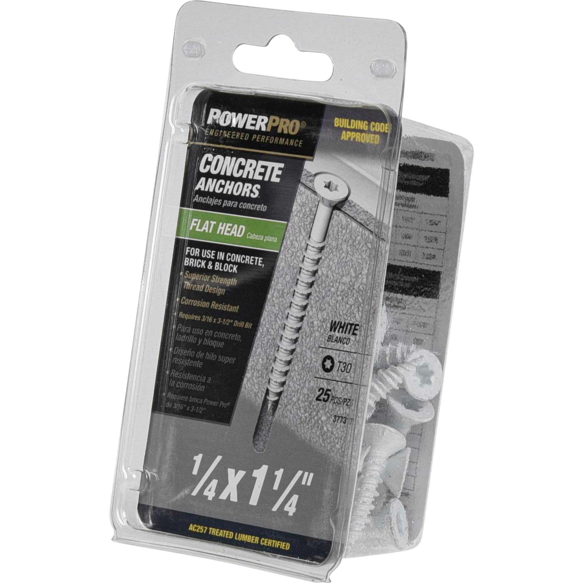 Power Pro White Flat-Head Concrete Screw Anchor (1/4 in. x 1-1/4 in.) - 25 pc