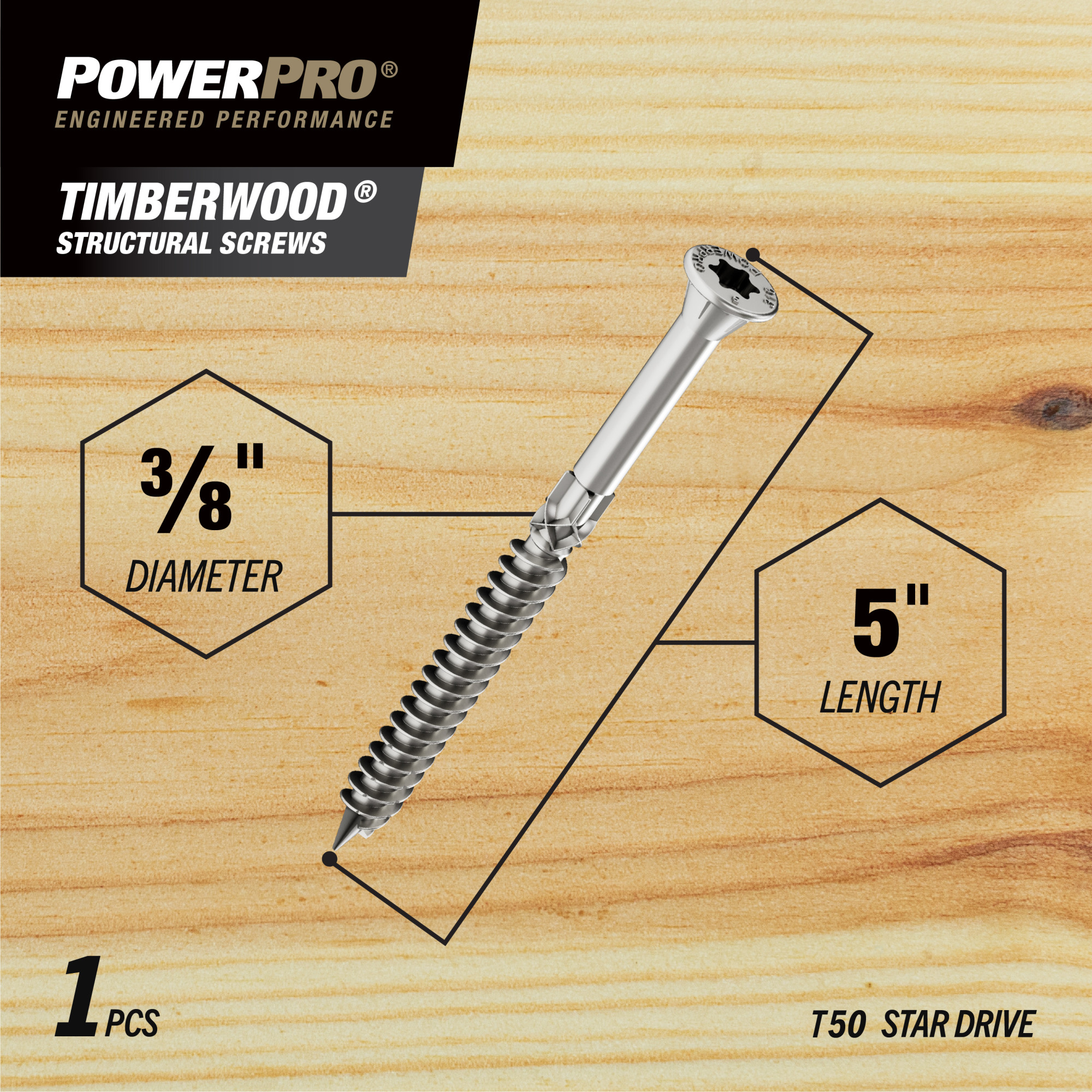 Power Pro 316SS Heavy Duty TimberWood Structural Screws (3/8 in. x 5 in.) - 1pc