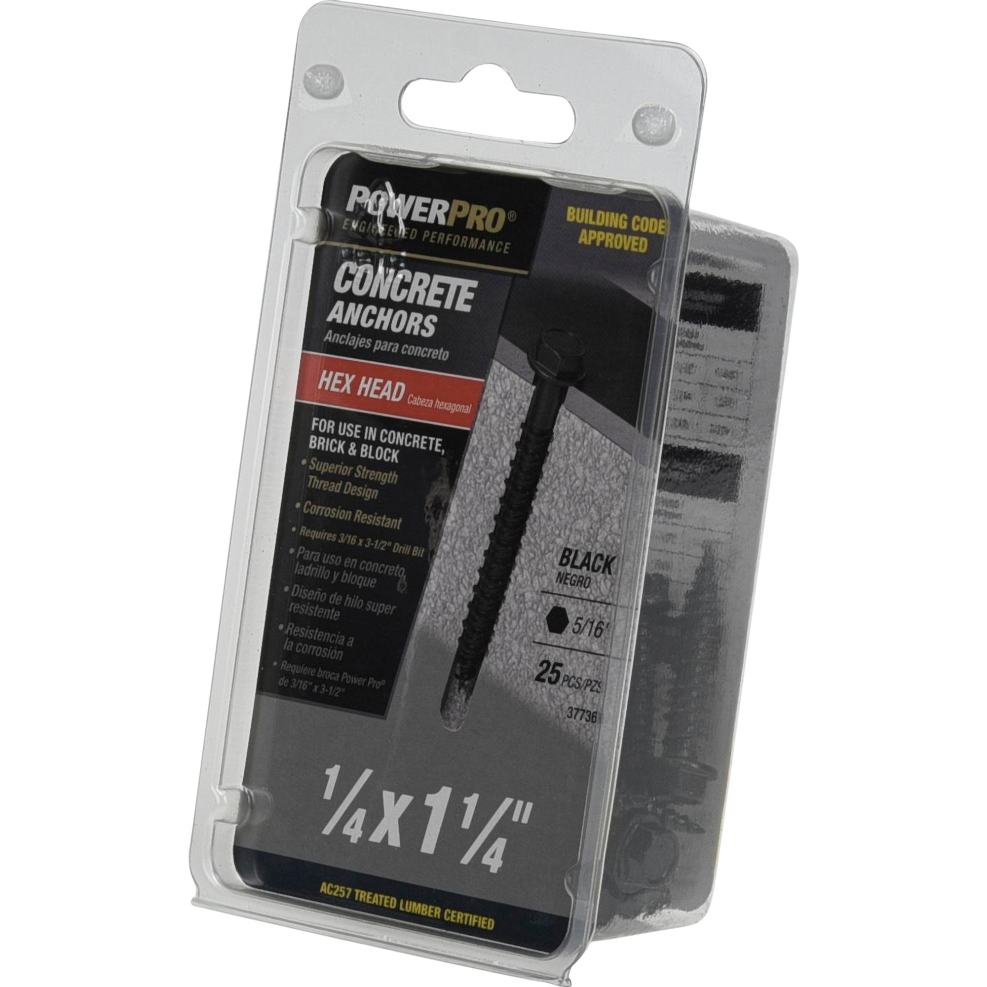 Power Pro Black Hex Washer-Head Concrete Screw Anchor (1/4 in. x 1-1/4 in.) - 25 pc