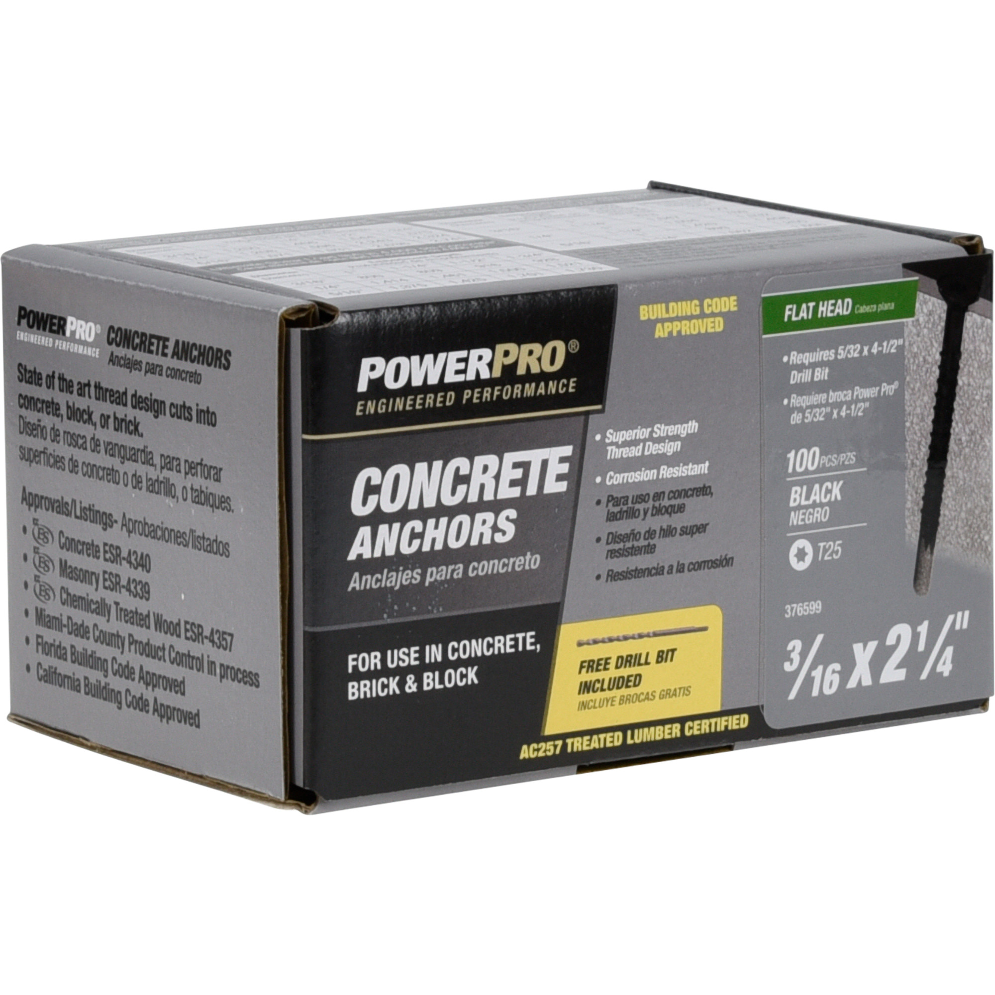 Power Pro Black Flat-Head Concrete Screw Anchor (3/16 in. x 2-1/4 in.) - 100 pc