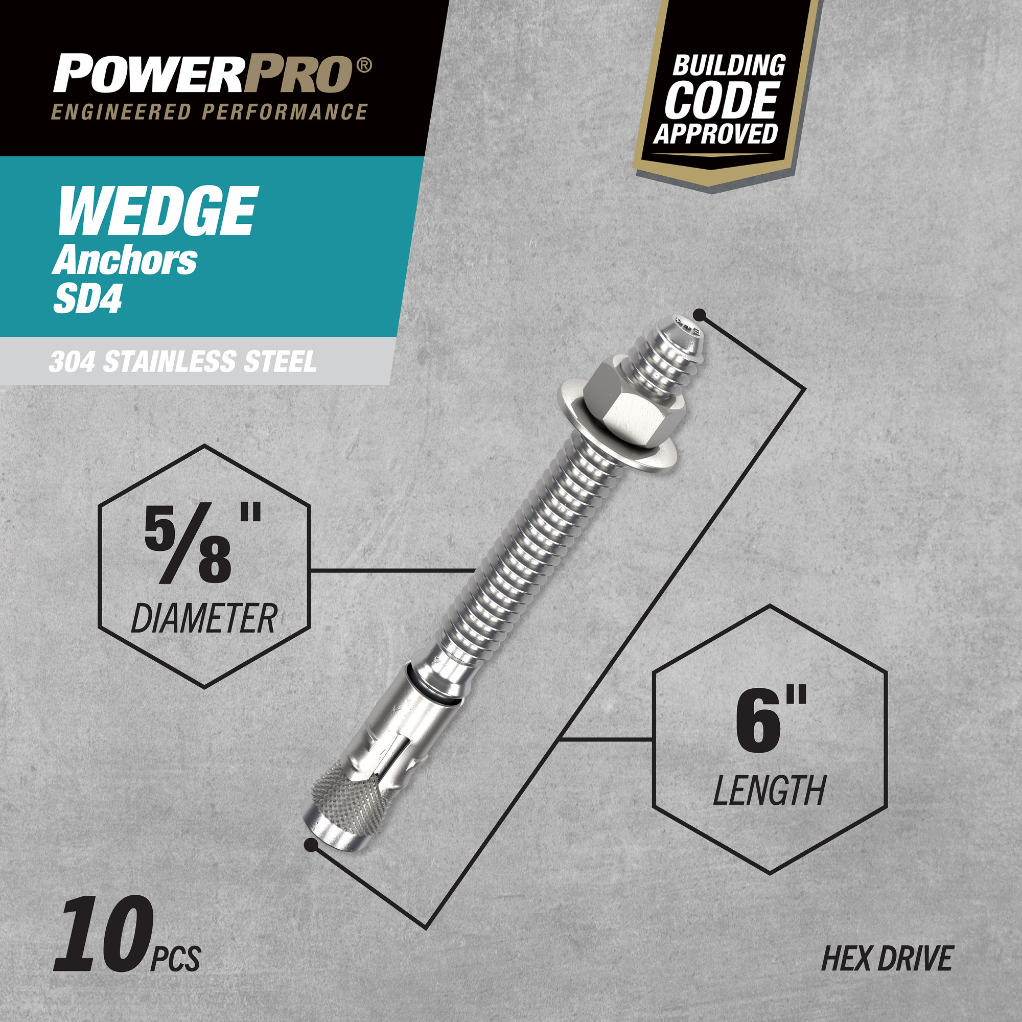 Power Pro SD4 304 Stainless Steel Wedge Anchors (5/8 in. x 6 in.) - 10 pc