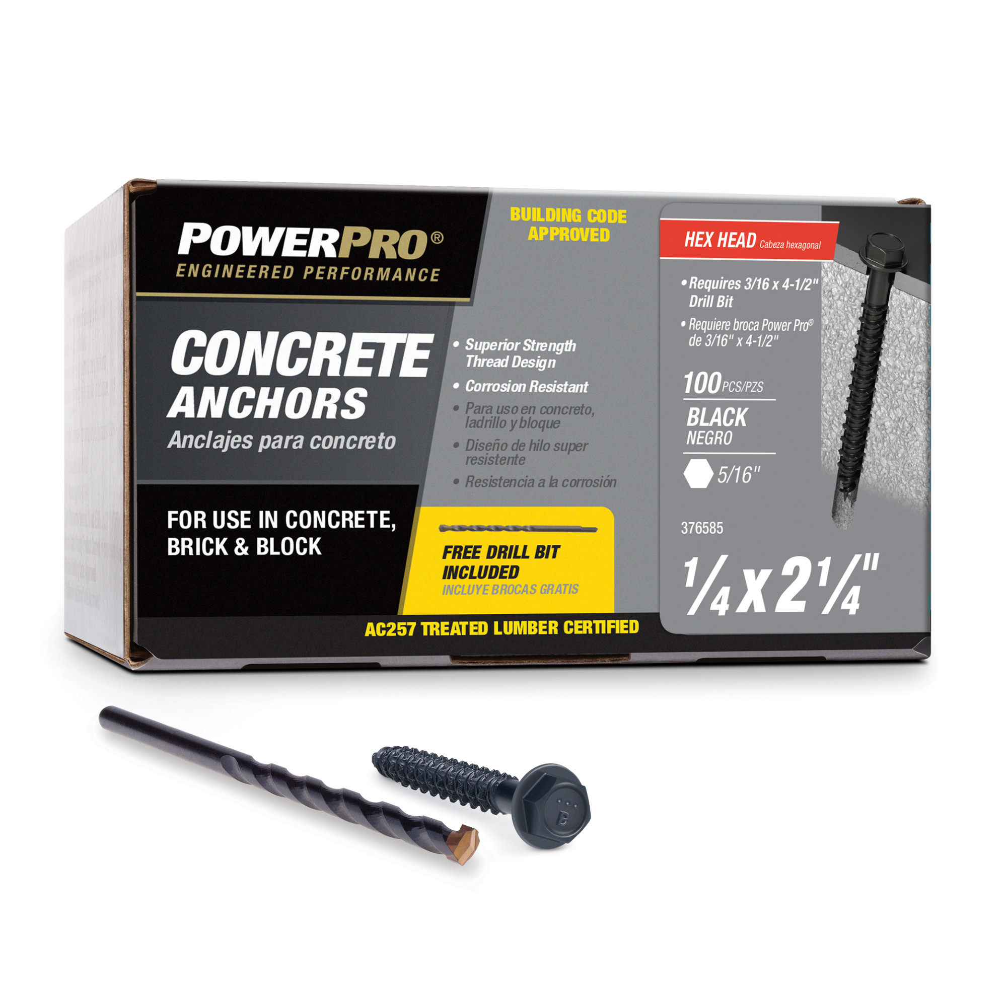 Power Pro Black Hex Washer-Head Concrete Screw Anchor (1/4 in. x 2-1/4 in.) - 100 pc