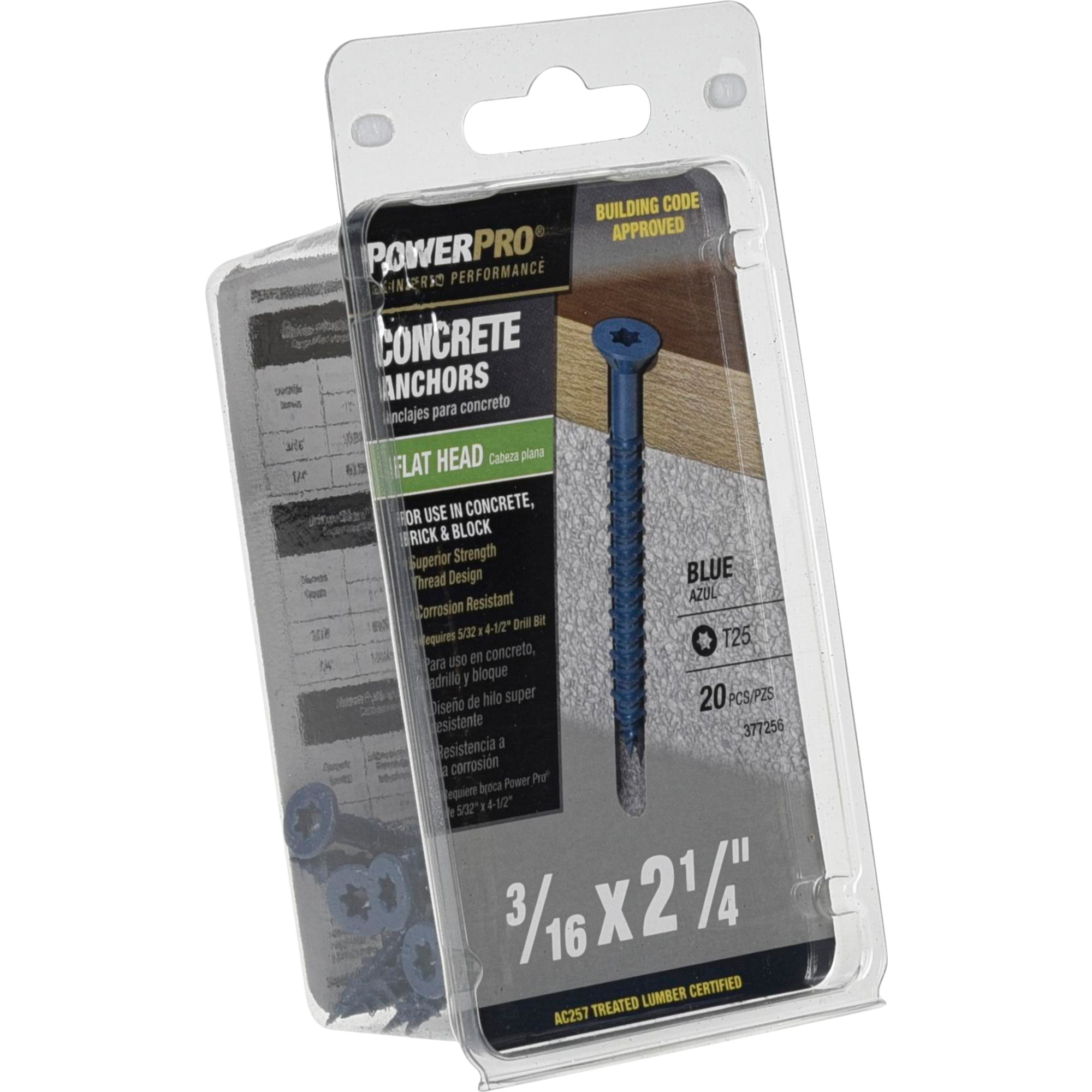 Power Pro Blue Flat-Head Concrete Screw Anchor (3/16 in. x 2-1/4 in.) - 20 pc