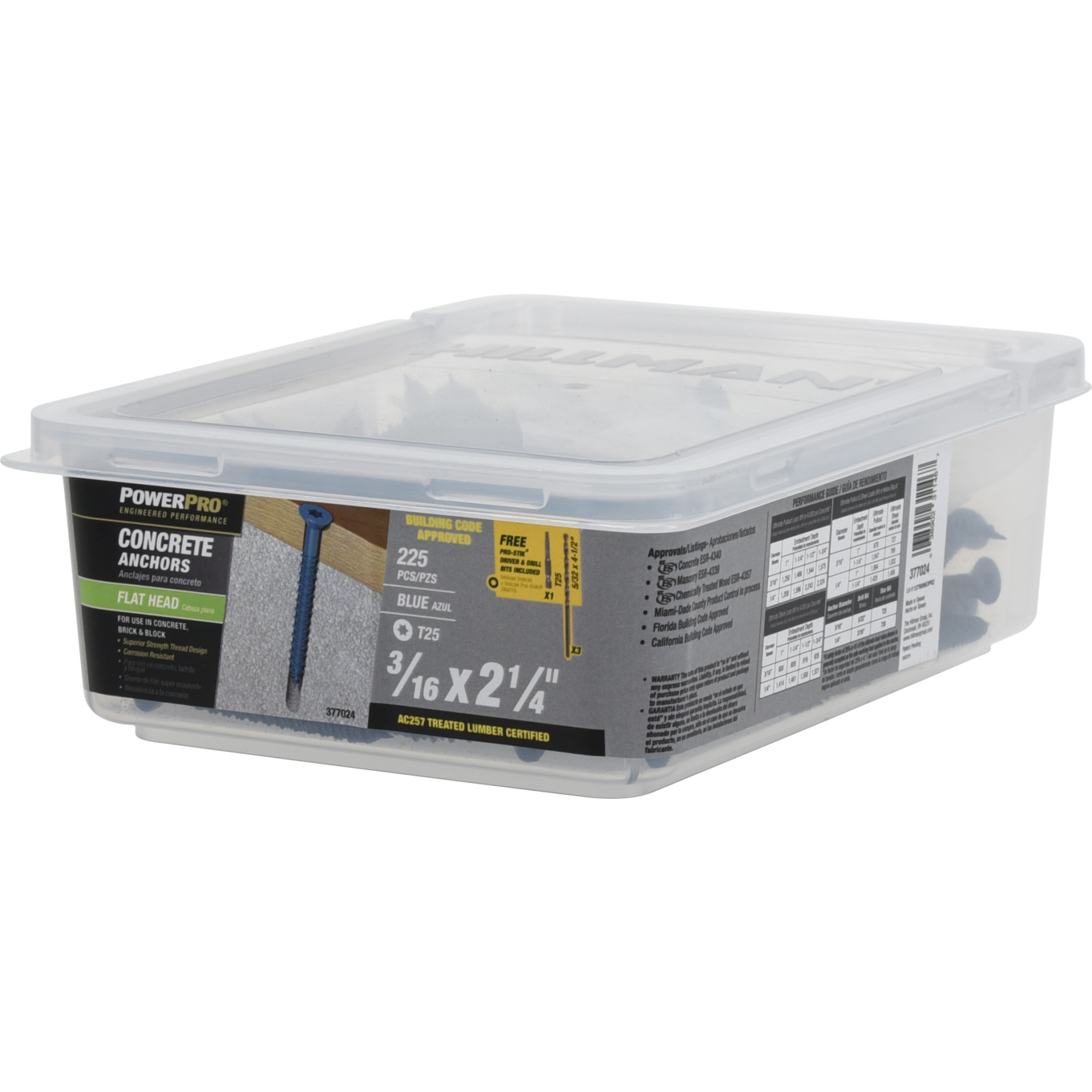 Power Pro Blue Flat-Head Concrete Screw Anchor (3/16 in. x 2-1/4 in.) - 225 pc