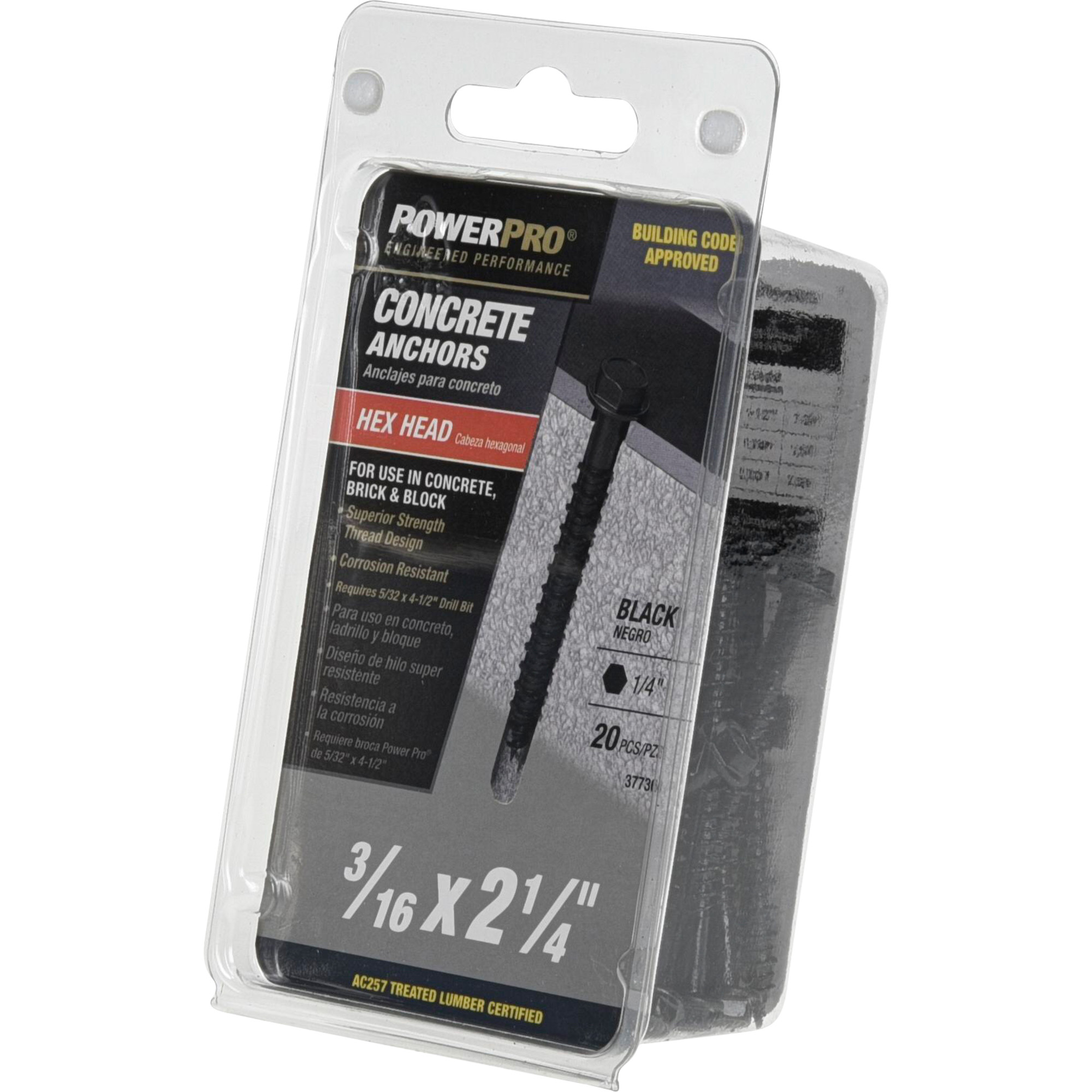 Power Pro Black Hex Washer-Head Concrete Screw Anchor (3/16 in. x 2-1/4 in.) - 20 pc