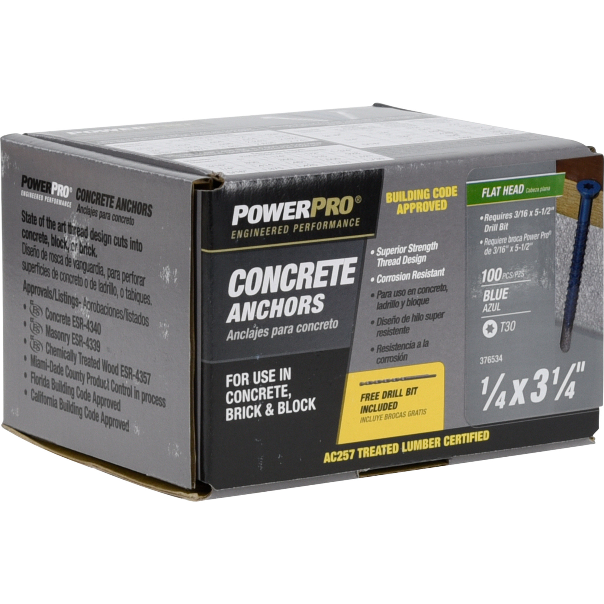 Power Pro Blue Flat-Head Concrete Screw Anchor (1/4 in. x 3-1/4 in.) - 100 pc