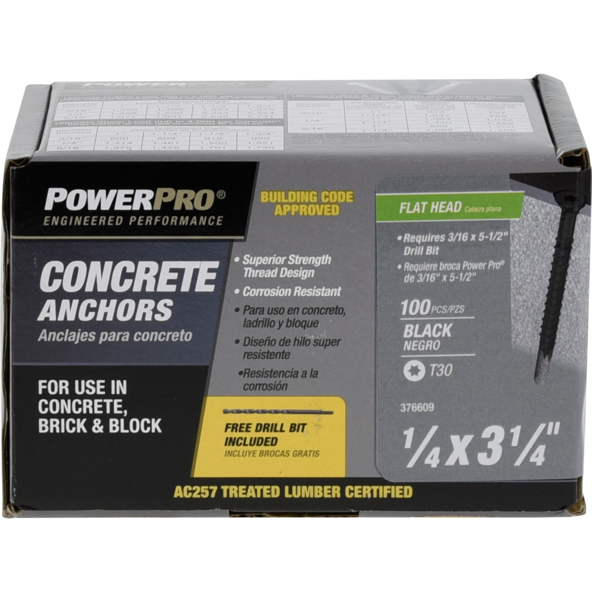 Power Pro Black Flat-Head Concrete Screw Anchor (1/4 in. x 3-1/4 in.) - 100 pc