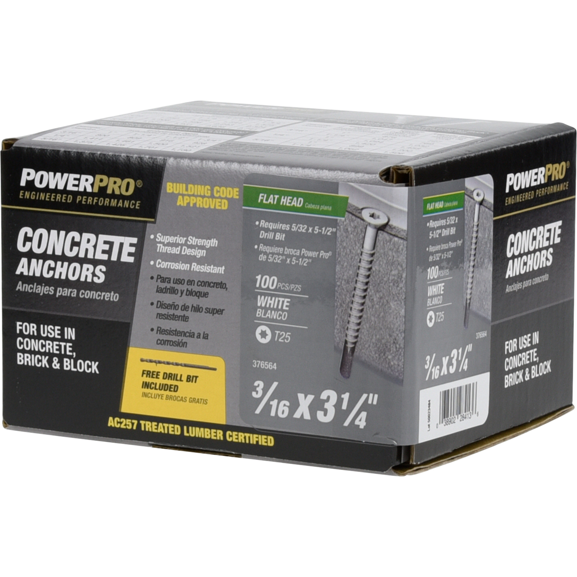 Power Pro White Flat-Head Concrete Screw Anchor (3/16 in. x 3-1/4 in.) - 100 pc