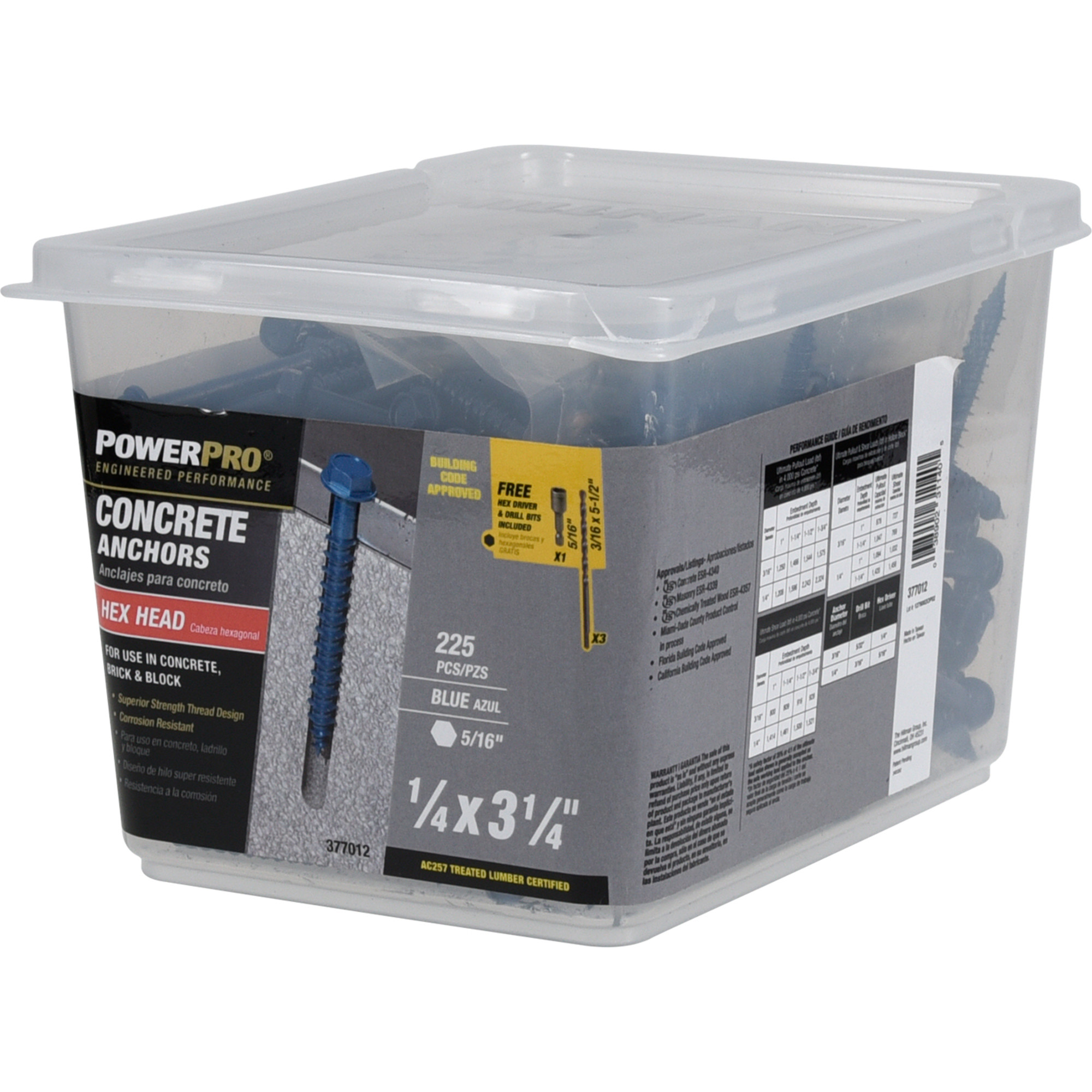 Power Pro Blue Hex Washer-Head Concrete Screw Anchor (1/4 in. x 3-1/4 in.) - 225 pc