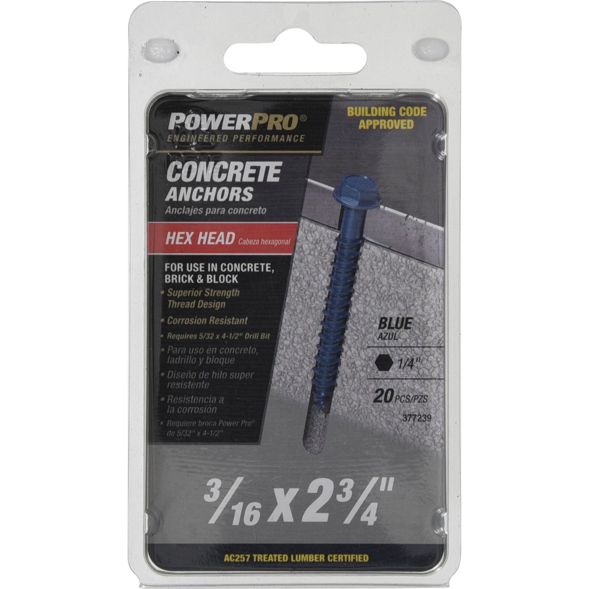 Power Pro Blue Hex Washer-Head Concrete Screw Anchor (3/16 in. x 2-3/4 in.) - 20 pc