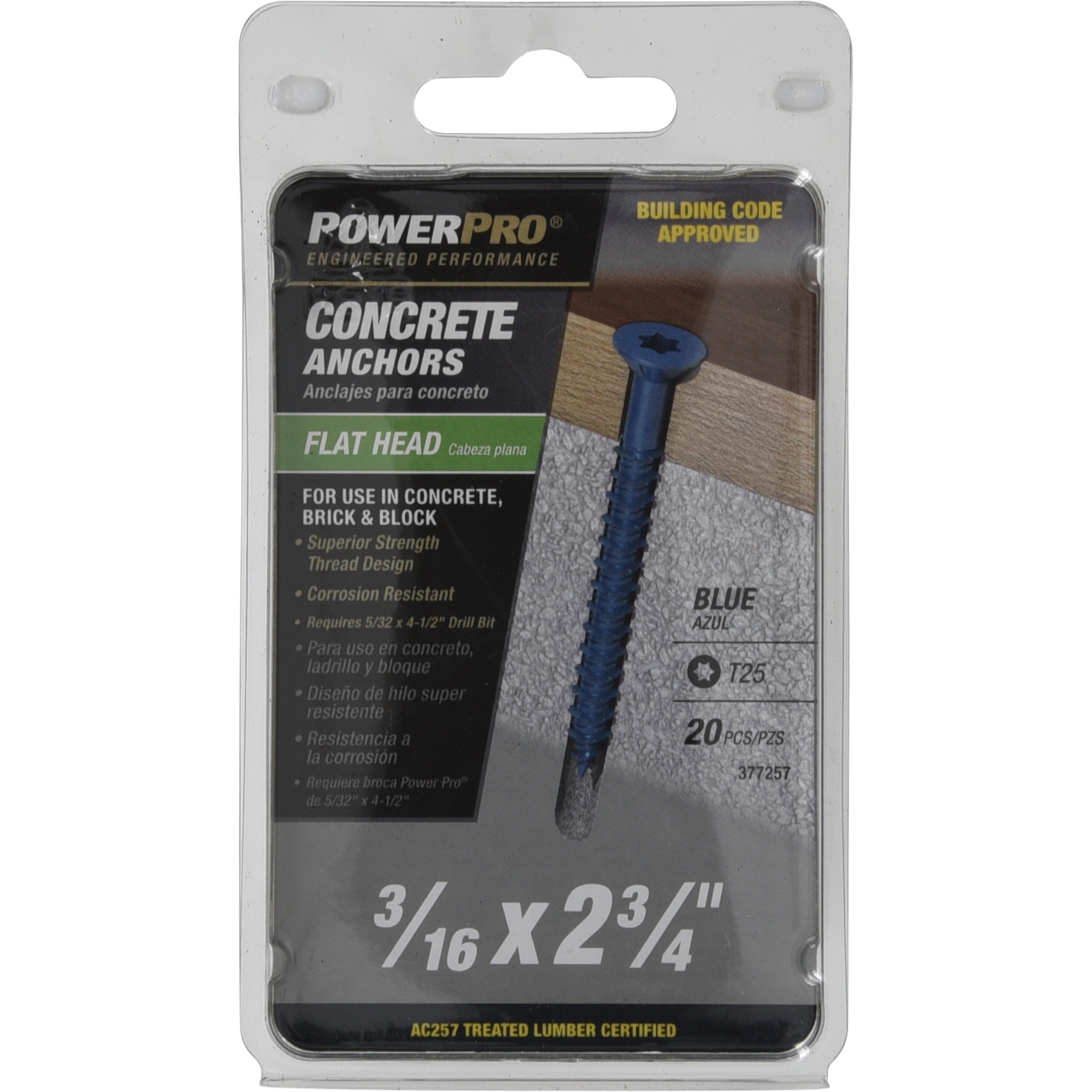 Power Pro Blue Flat-Head Concrete Screw Anchor (3/16 in. x 2-3/4 in.) - 20 pc