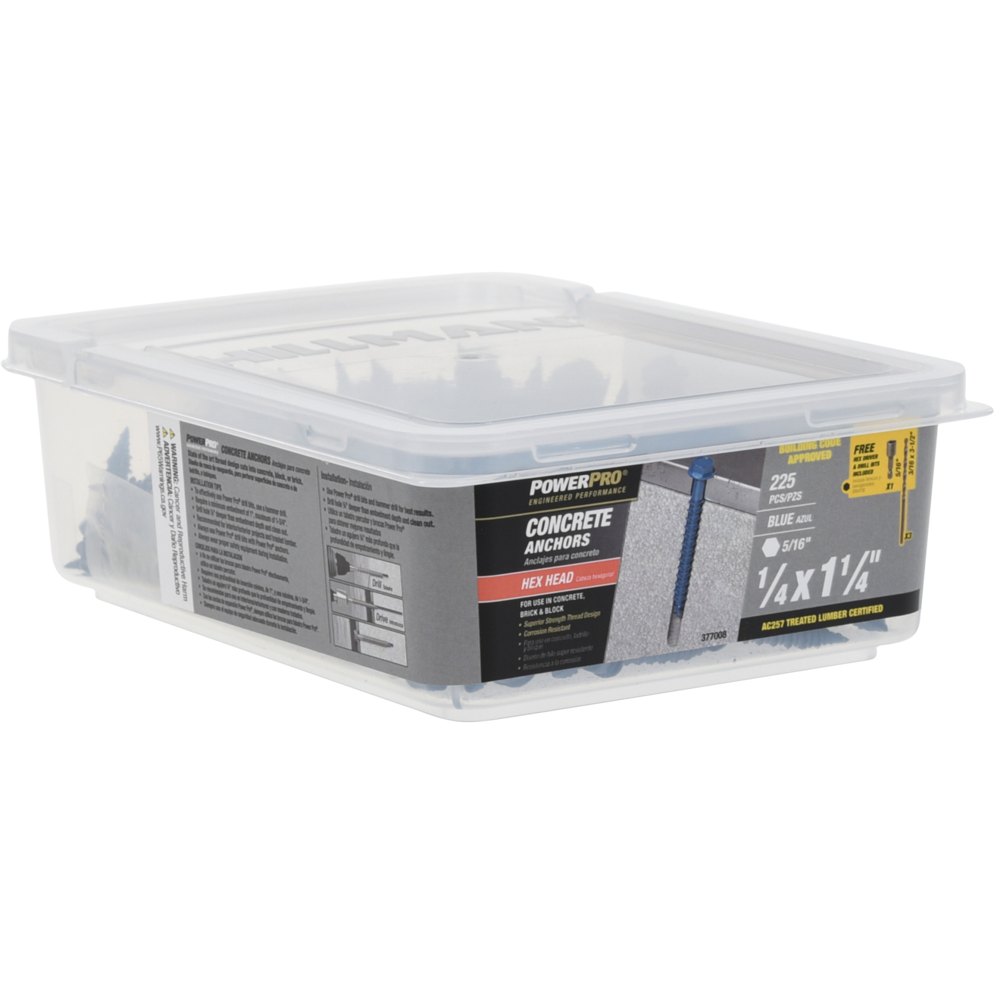 Power Pro Blue Hex Washer-Head Concrete Screw Anchor (1/4 in. x 1-1/4 in.) - 225 pc