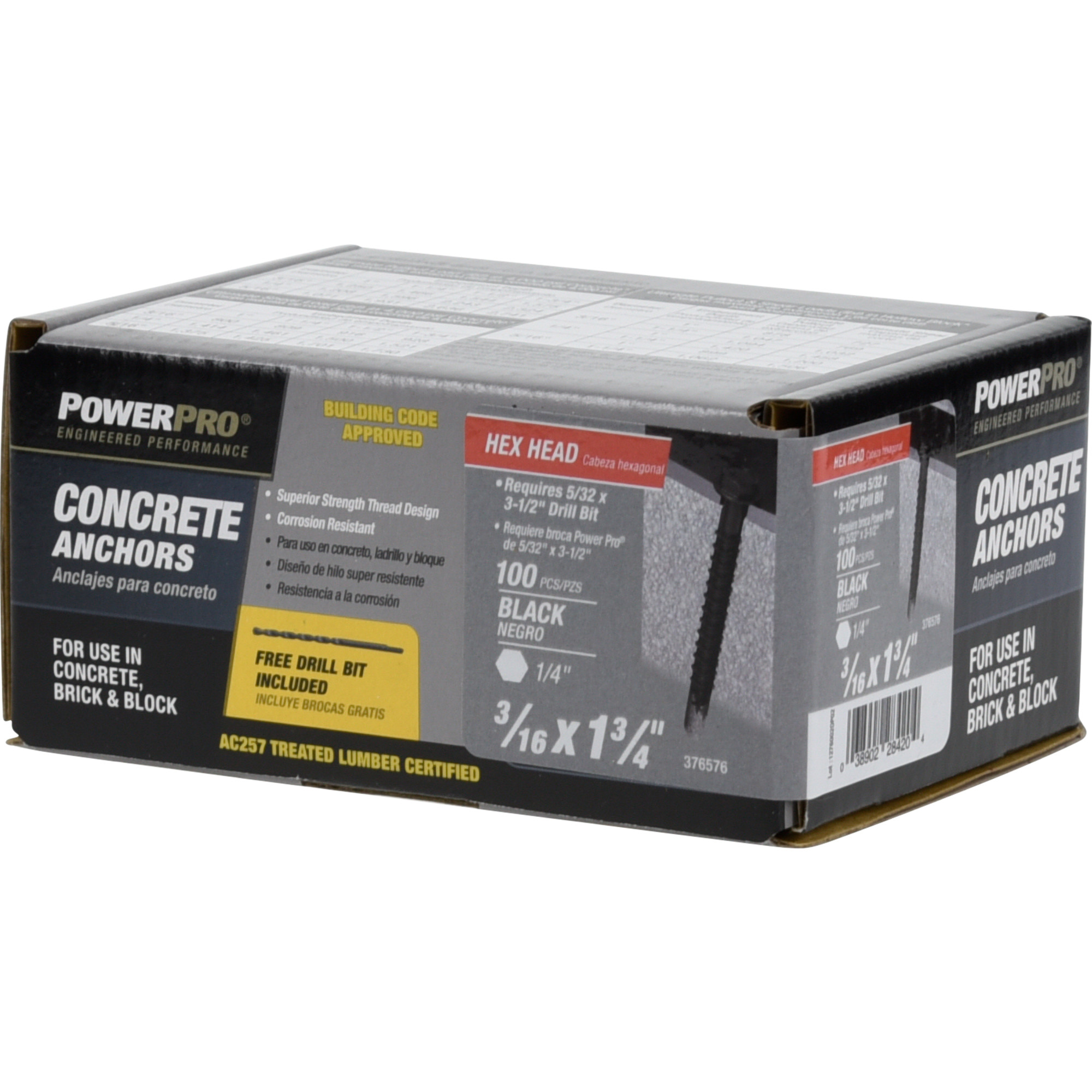 Power Pro Black Hex Washer-Head Concrete Screw Anchor (3/16 in. x 1-3/4 in.) - 100 pc