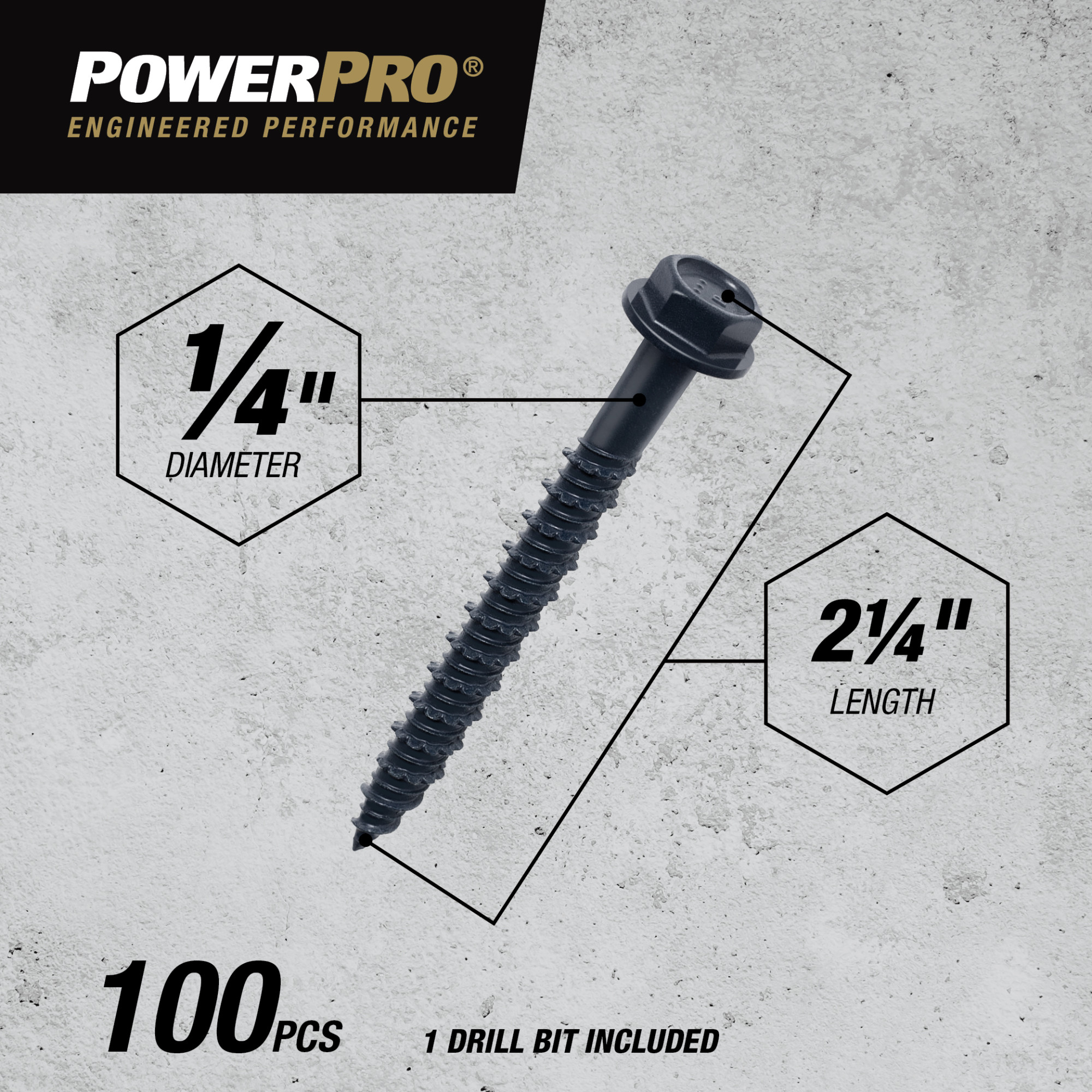 Power Pro Black Hex Washer-Head Concrete Screw Anchor (1/4 in. x 2-1/4 in.) - 100 pc