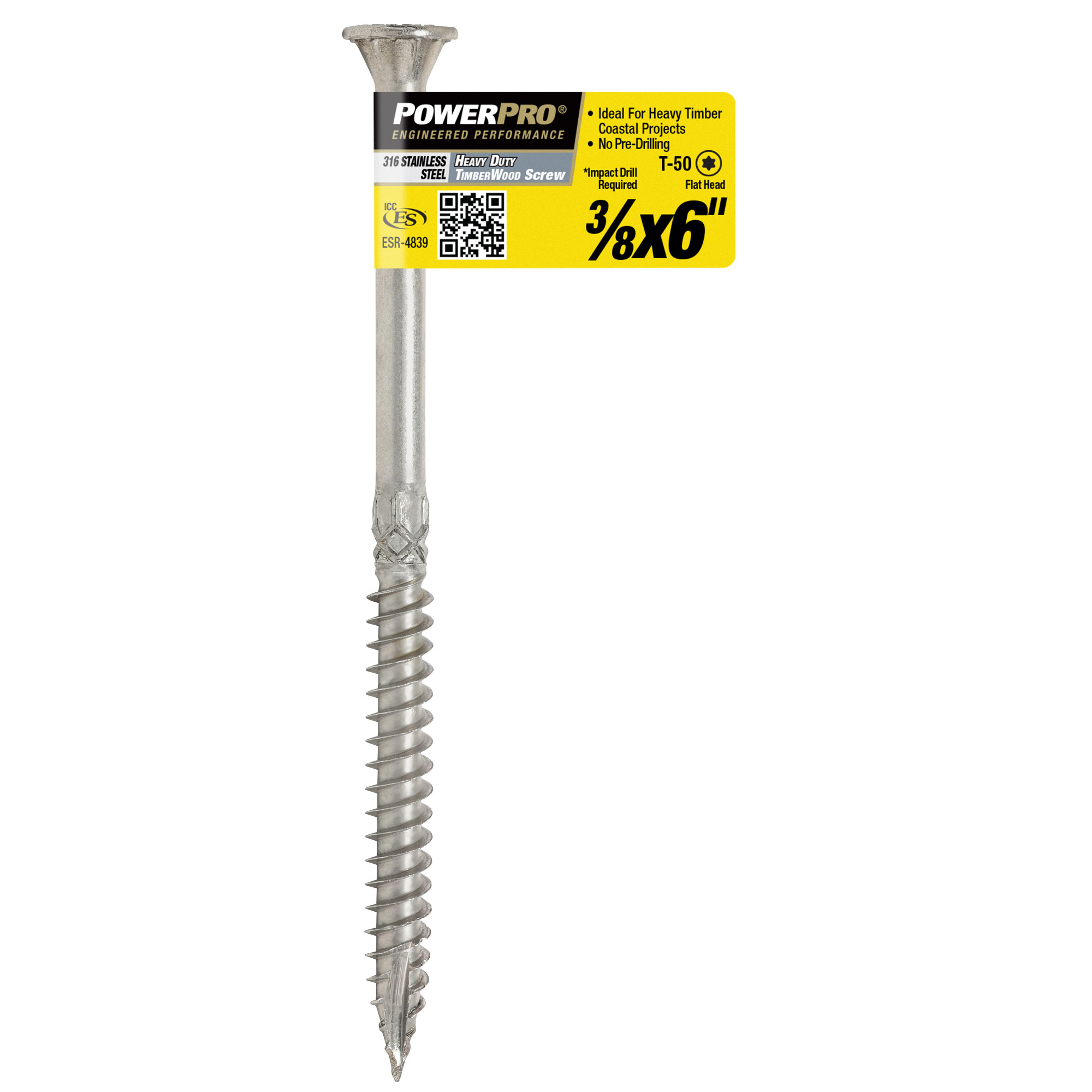 Power Pro 316SS Heavy Duty TimberWood Structural Screws (3/8 in. x 6 in.) - 1pc