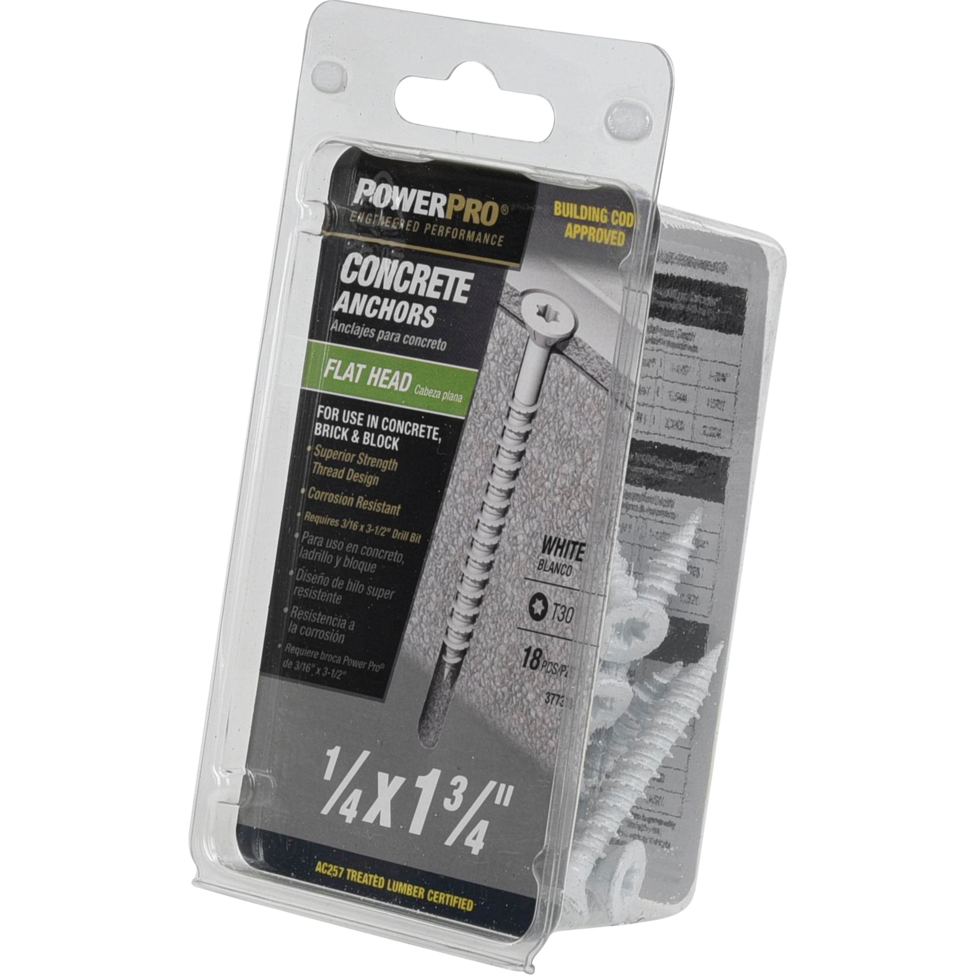 Power Pro White Flat-Head Concrete Screw Anchor (1/4 in. x 1-3/4 in.) - 18 pc
