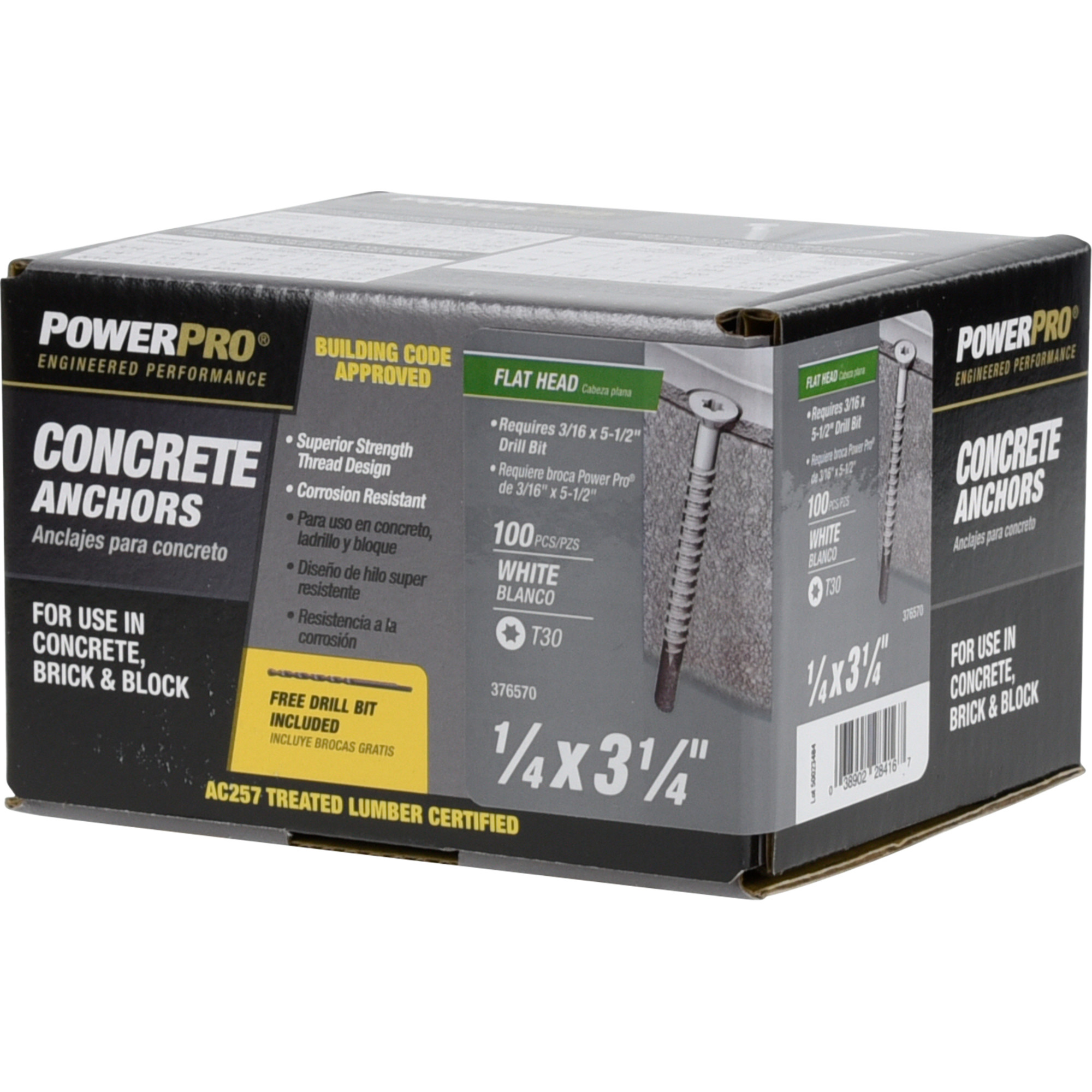 Power Pro White Flat-Head Concrete Screw Anchor (1/4 in. x 3-1/4 in.) - 100 pc