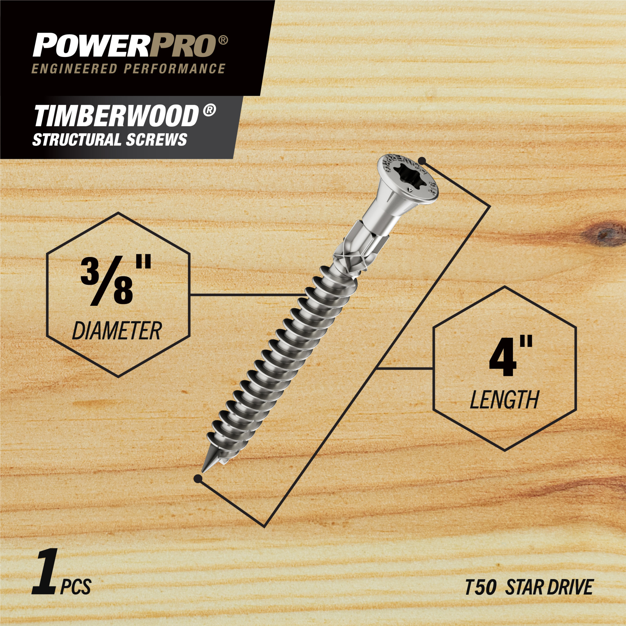 Power Pro 316SS Heavy Duty TimberWood Structural Screws (3/8 in. x 4 in.) - 1pc