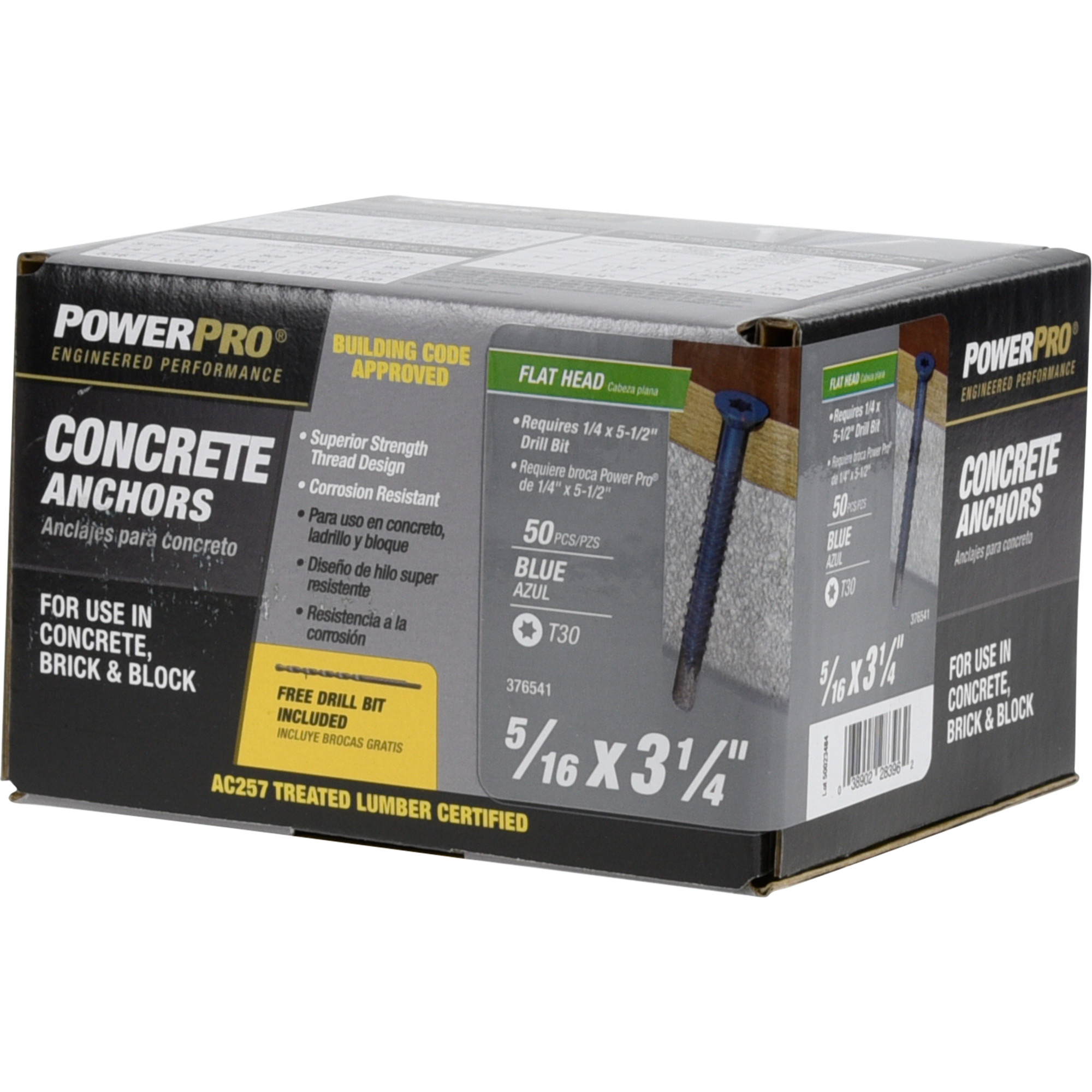 Power Pro Blue Flat-Head Concrete Screw Anchor (5/16 in. x 3-1/4 in.) - 50 pc