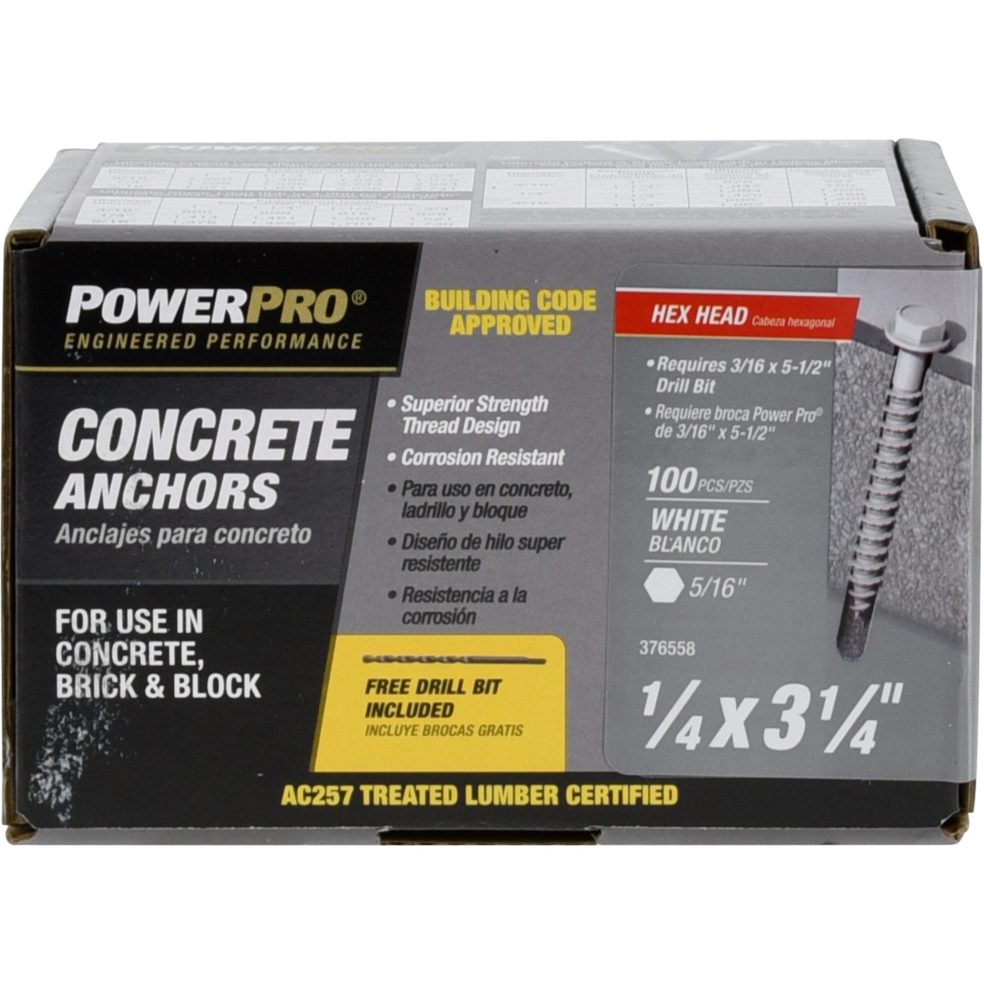 Power Pro White Hex Washer-Head Concrete Screw Anchor (1/4 in. x 3-1/4 in.) - 100 pc