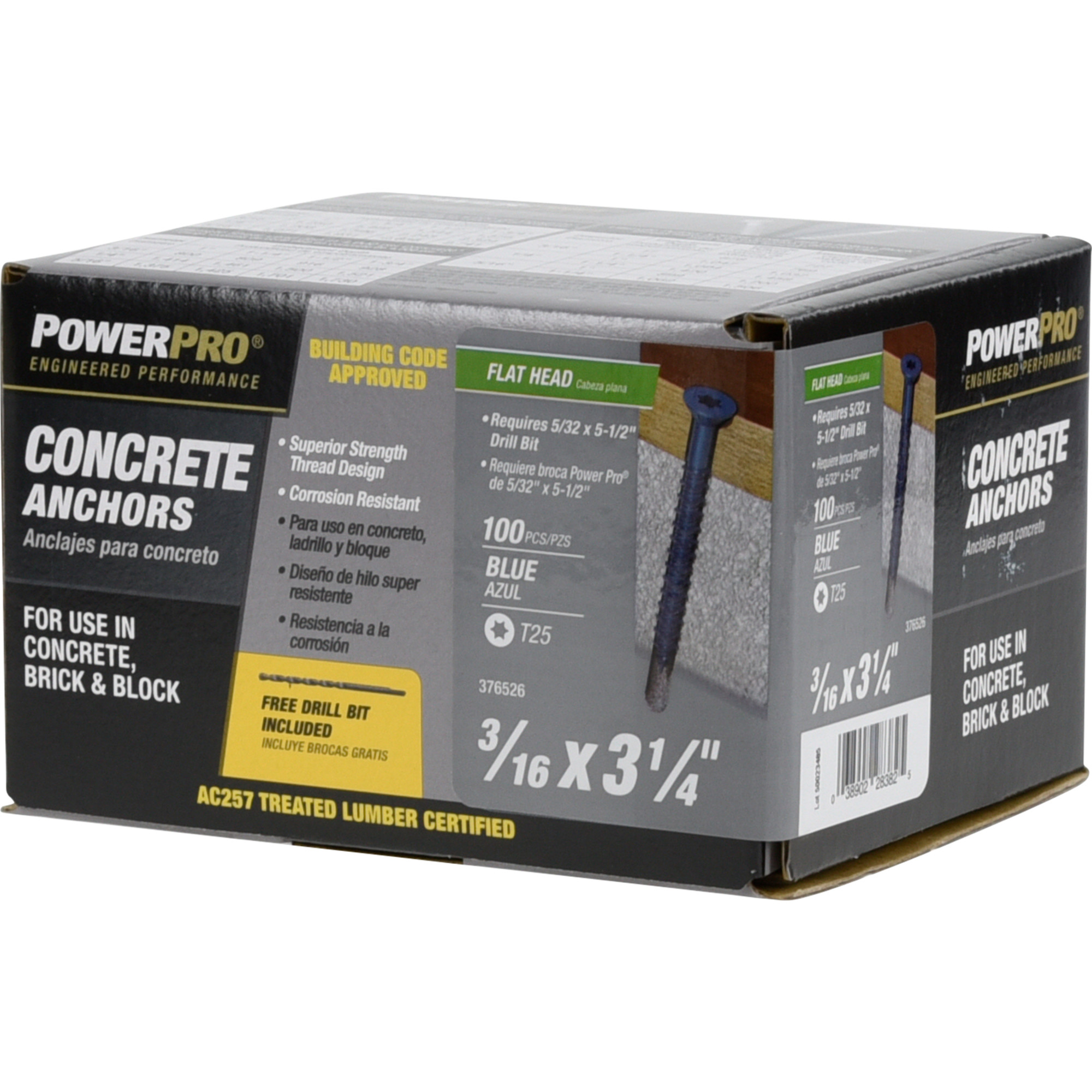 Power Pro Blue Flat-Head Concrete Screw Anchor (3/16 in. x 3-1/4 in.) - 100 pc