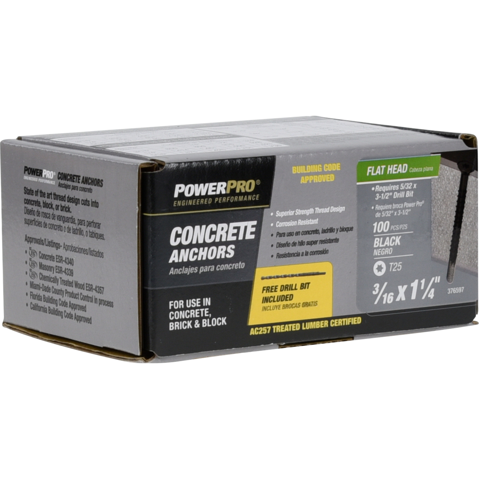 Power Pro Black Flat-Head Concrete Screw Anchor (3/16 in. x 1-1/4 in.) - 100 pc