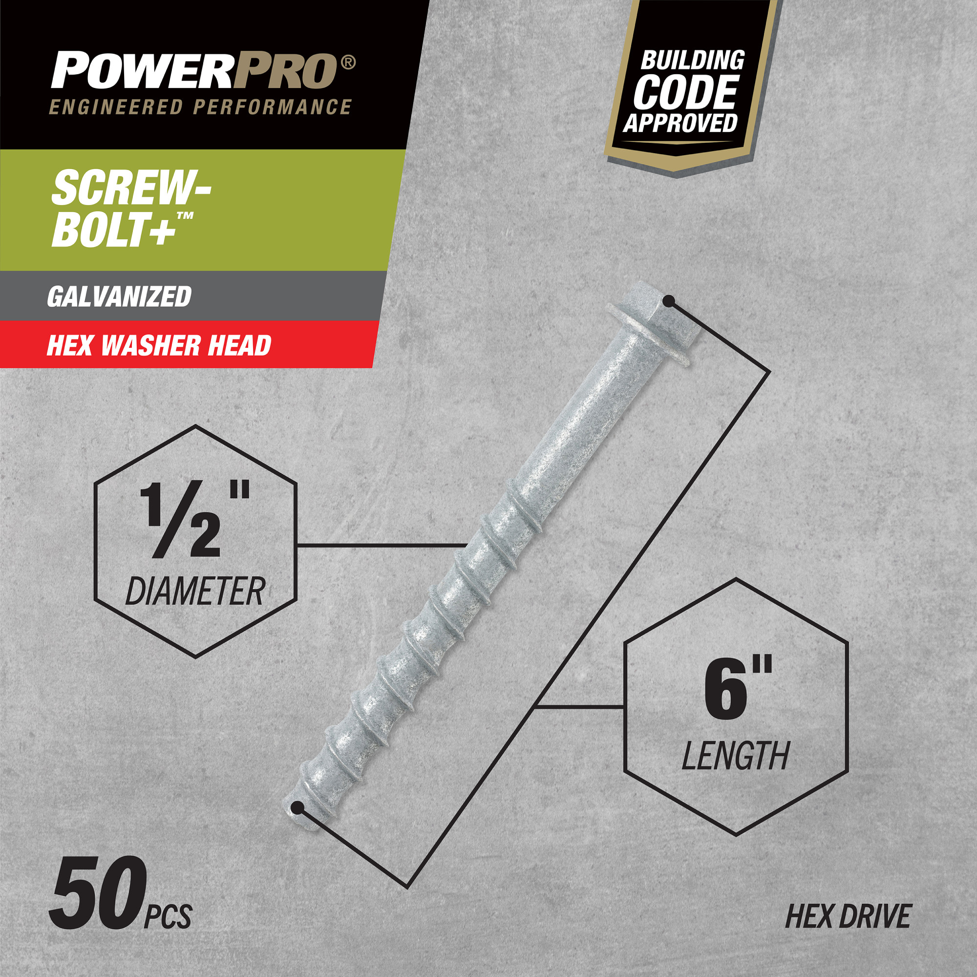 Power Pro Galvanized Hex Washer Head Screw-Bolt+ Anchors (1/2 in. x 6 in.) - 25 pc