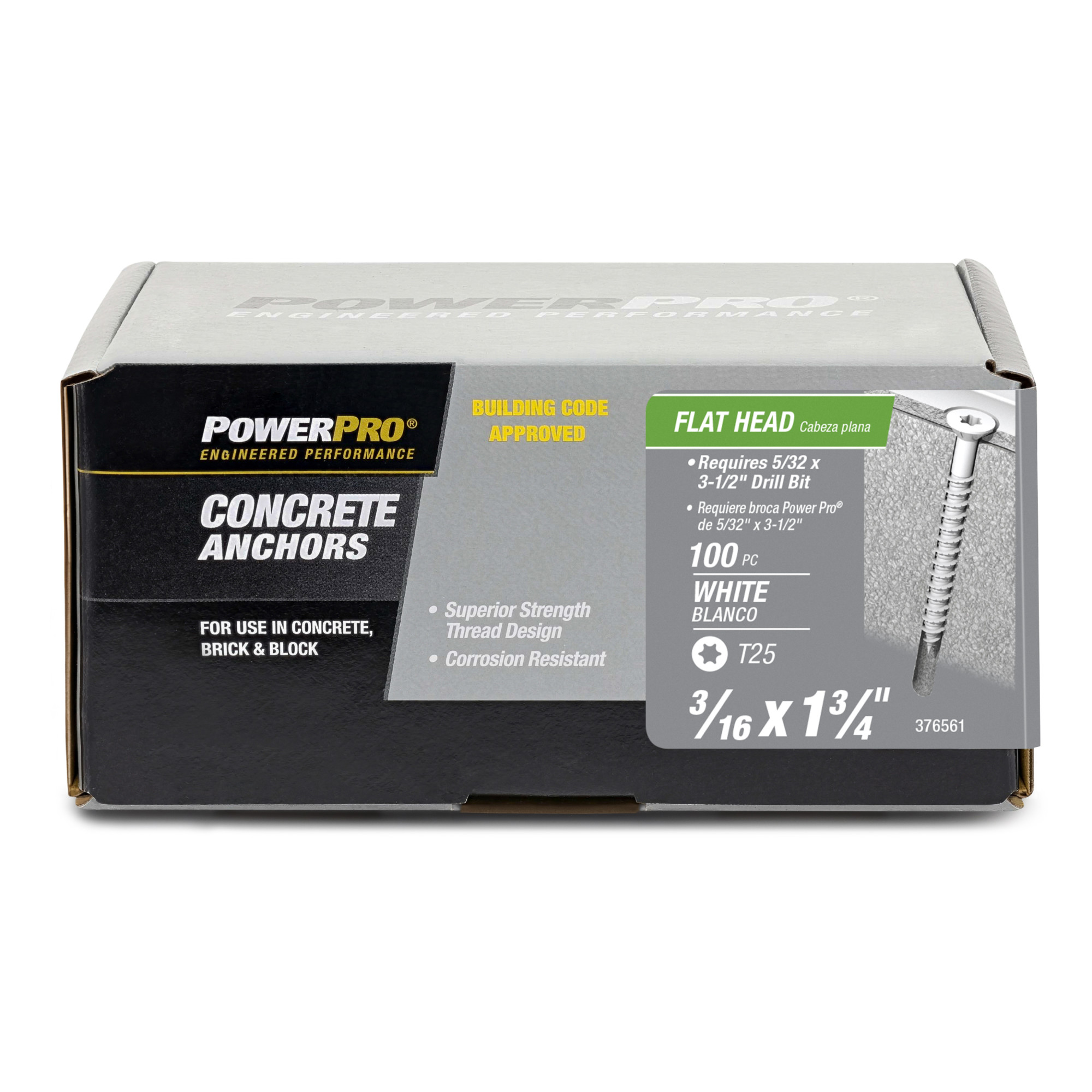 Power Pro White Flat-Head Concrete Screw Anchor (3/16 in. x 1-3/4 in.) - 100 pc