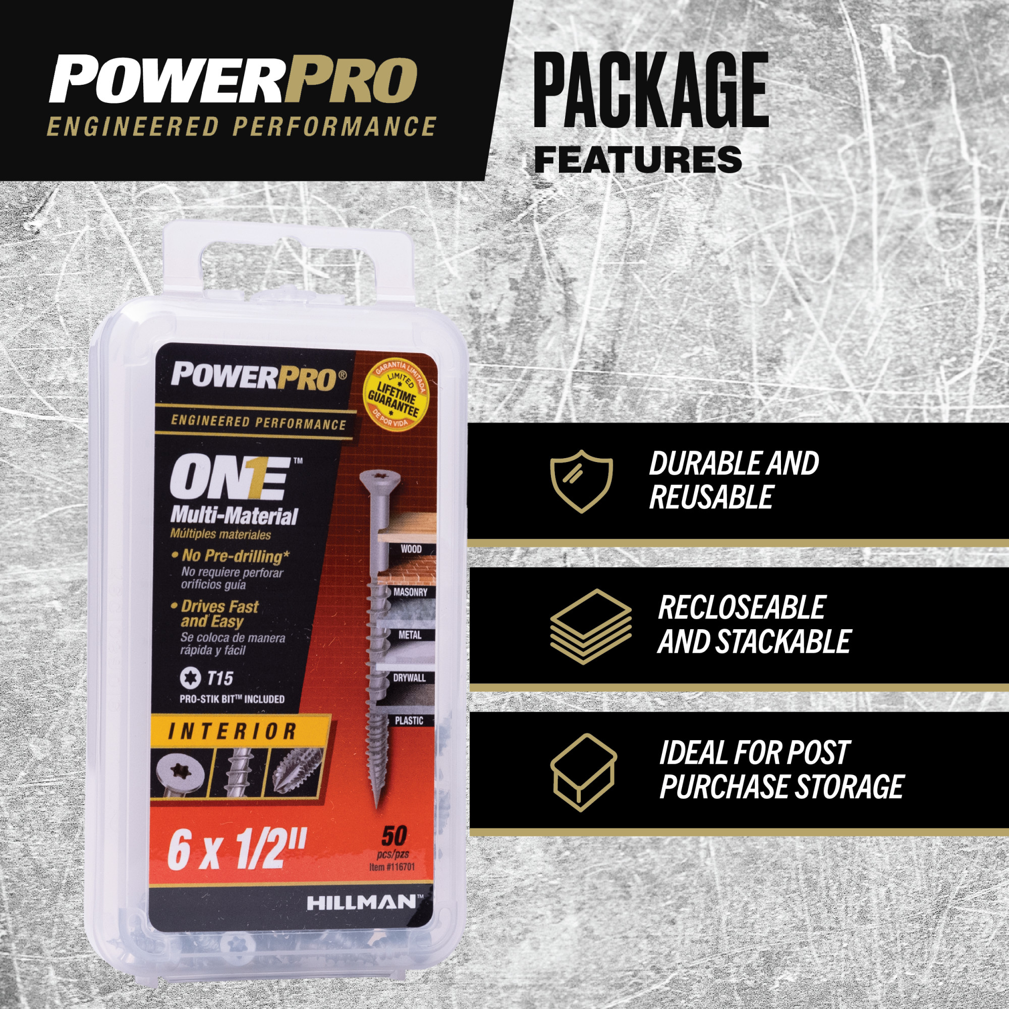 Power Pro ONE Flat Interior Zinc Multi-Material Screws (#6 x 1/2 in.) - 50 pc