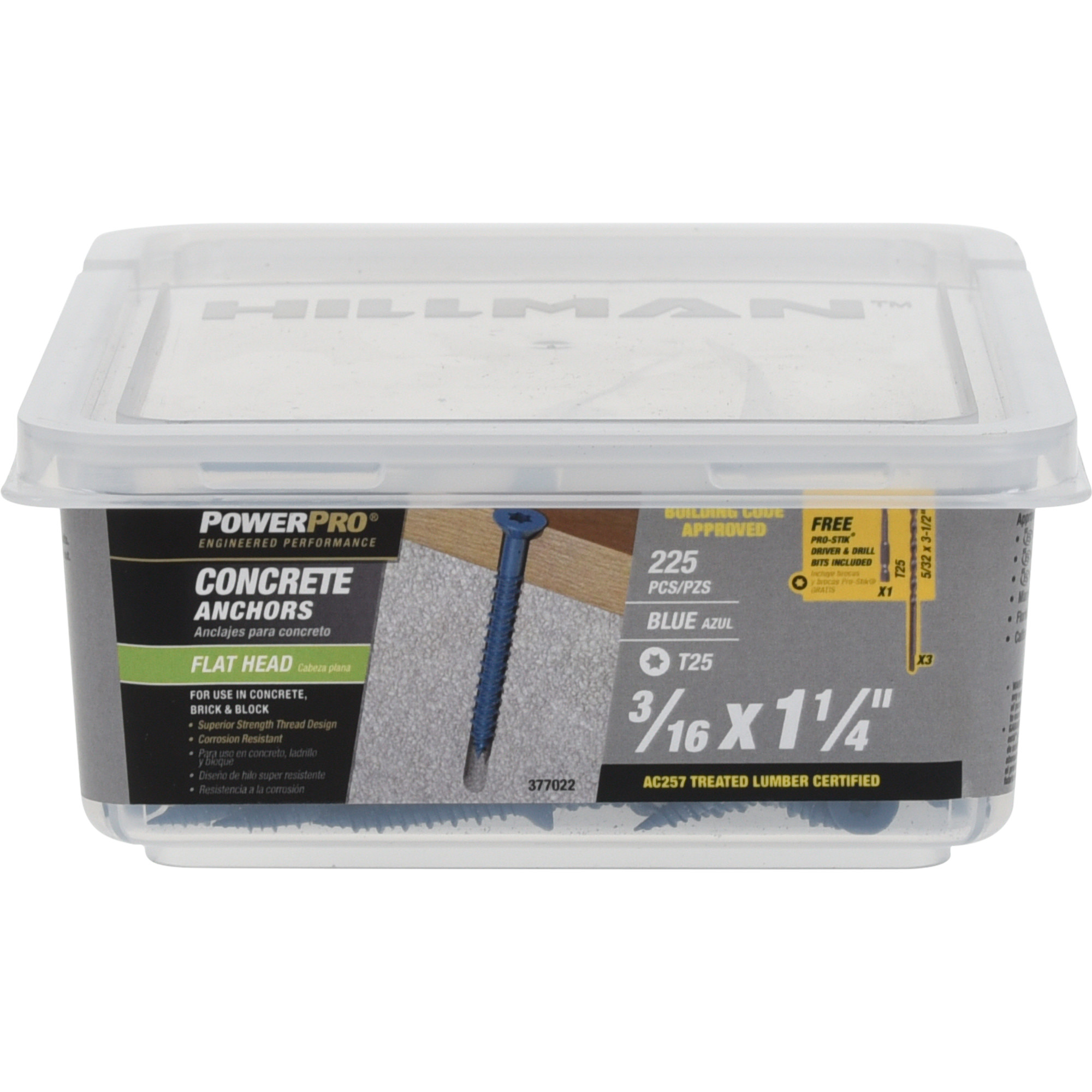 Power Pro Blue Flat-Head Concrete Screw Anchor (3/16 in. x 1-1/4 in.) - 225 pc