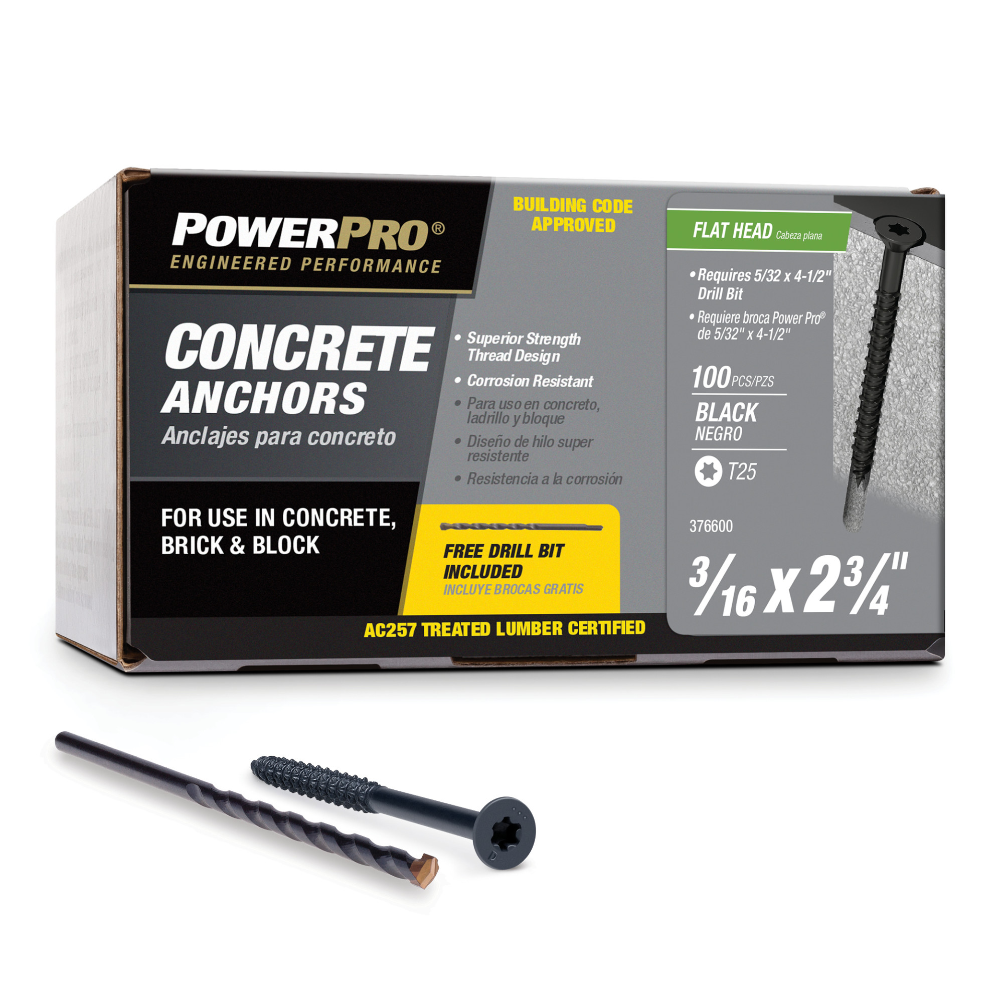 Power Pro Black Flat-Head Concrete Screw Anchor (3/16 in. x 2-3/4 in.) - 100 pc