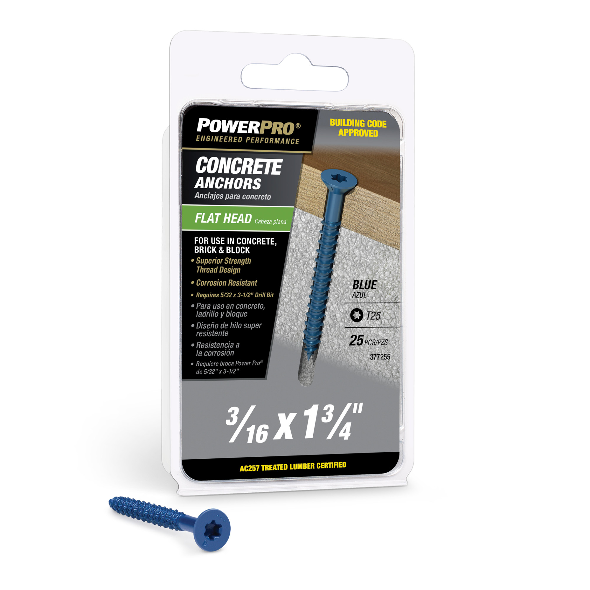 Power Pro Blue Flat-Head Concrete Screw Anchor (3/16 in. x 1-3/4 in.) - 25 pc