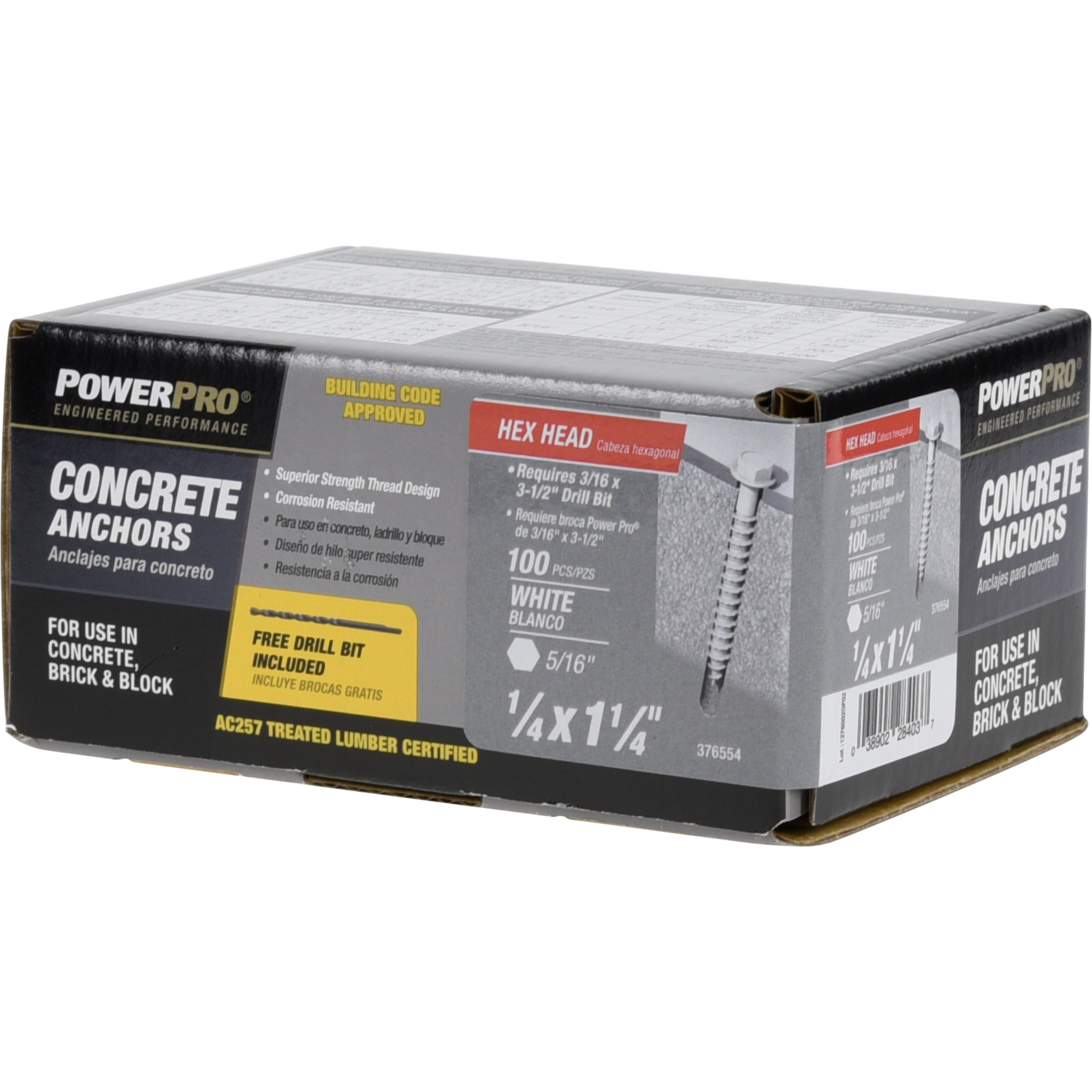 Power Pro White Hex Washer-Head Concrete Screw Anchor (1/4 in. x 1-1/4 in.) - 100 pc