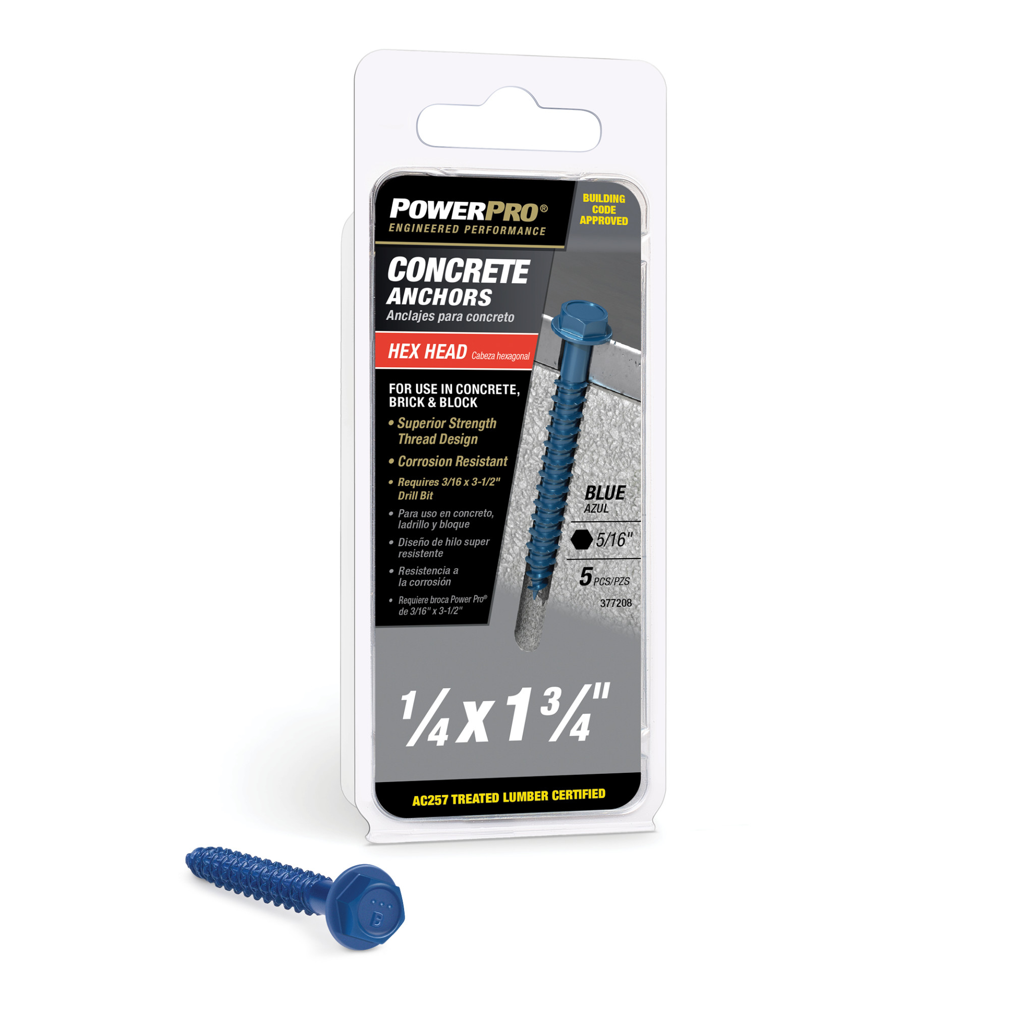 Power Pro Blue Hex Washer-Head Concrete Screw Anchor (1/4 in. x 1-3/4 in.) - 5 pc