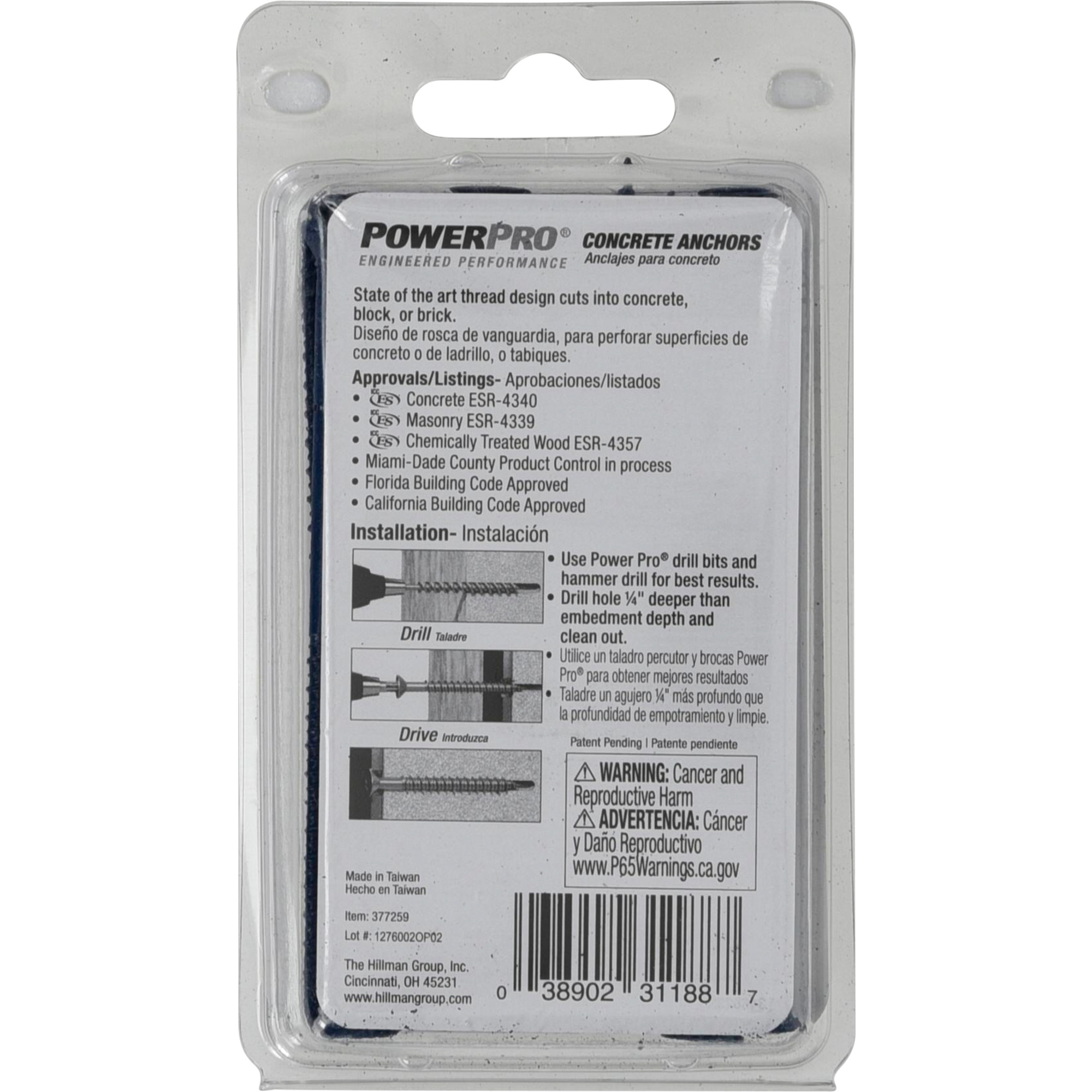 Power Pro Blue Flat-Head Concrete Screw Anchor (3/16 in. x 3-3/4 in.) - 15 pc