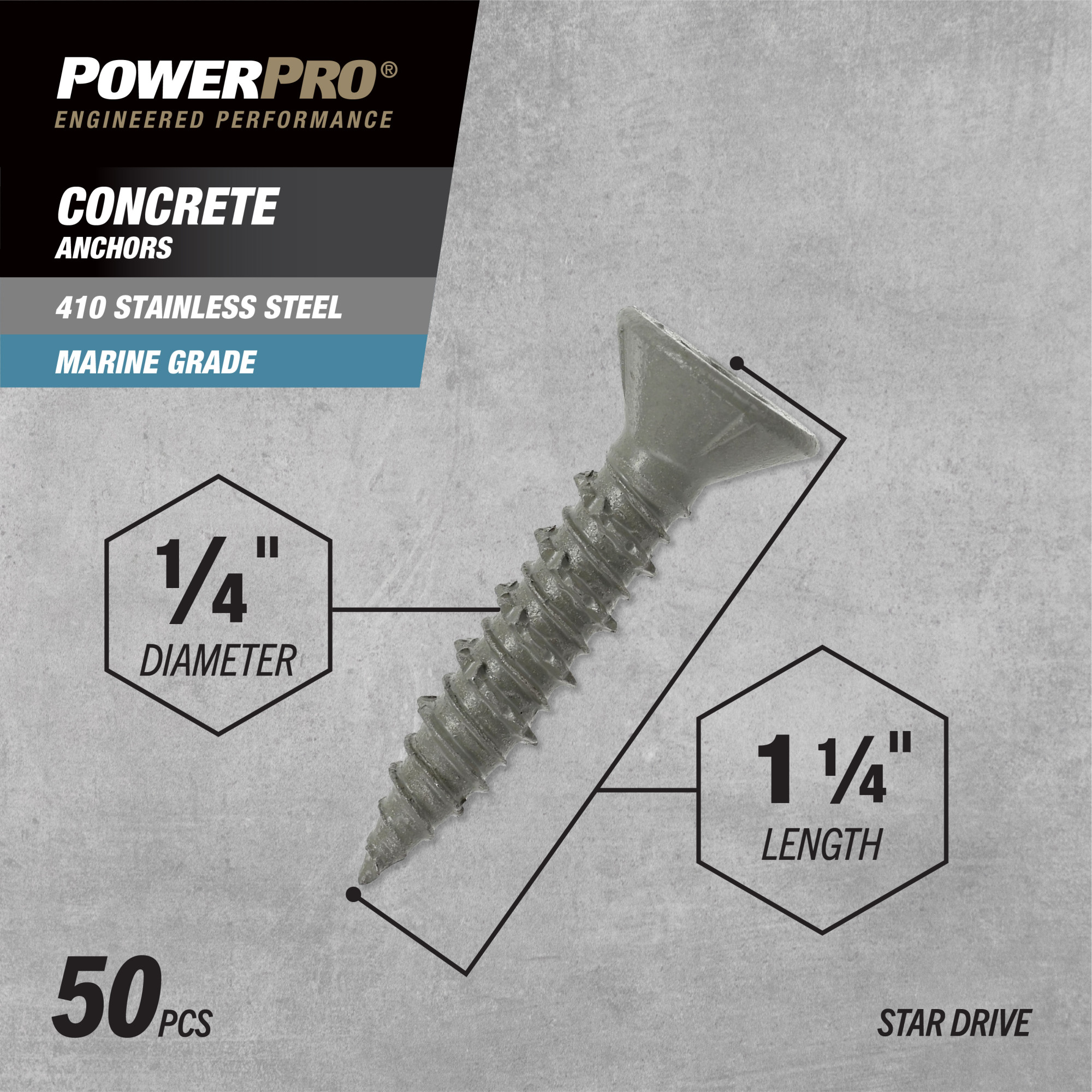 Power Pro 410 Stainless Flat Concrete Screw Anchor (1/4 in. x 1-1/4 in.) 100 pc