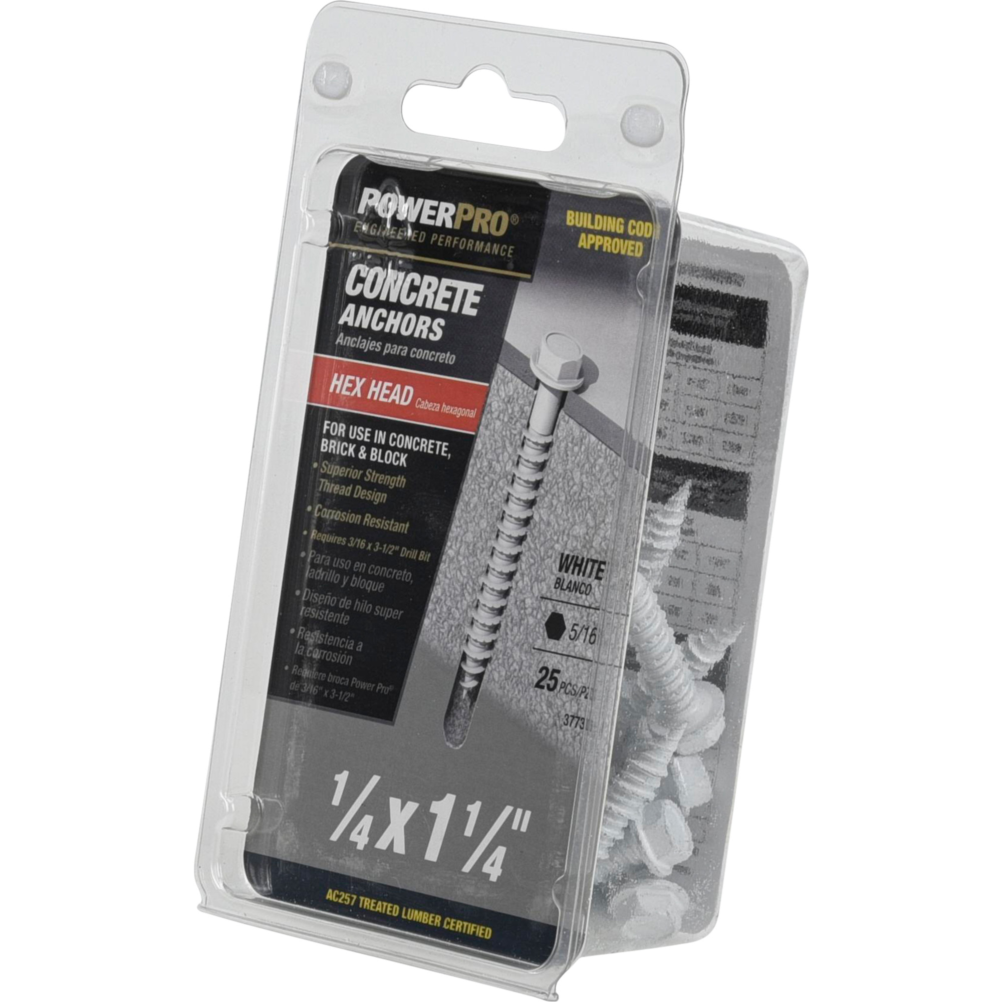 Power Pro White Hex Washer-Head Concrete Screw Anchor (1/4 in. x 1-1/4 in.) - 25 pc