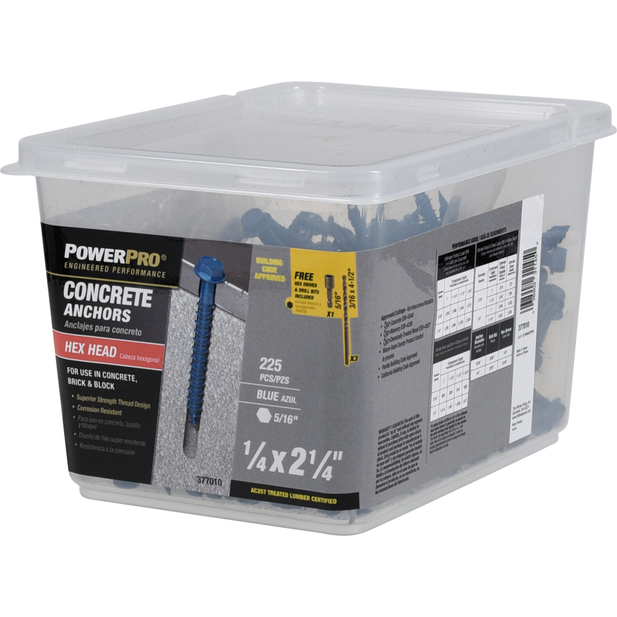 Power Pro Blue Hex Washer-Head Concrete Screw Anchor (1/4 in. x 2-1/4 in.) - 225 pc