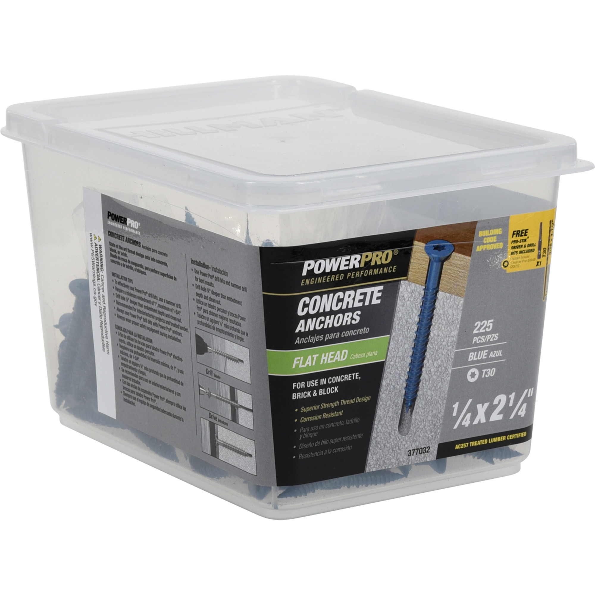 Power Pro Blue Flat-Head Concrete Screw Anchor (1/4 in. x 2-1/4 in.) - 225 pc