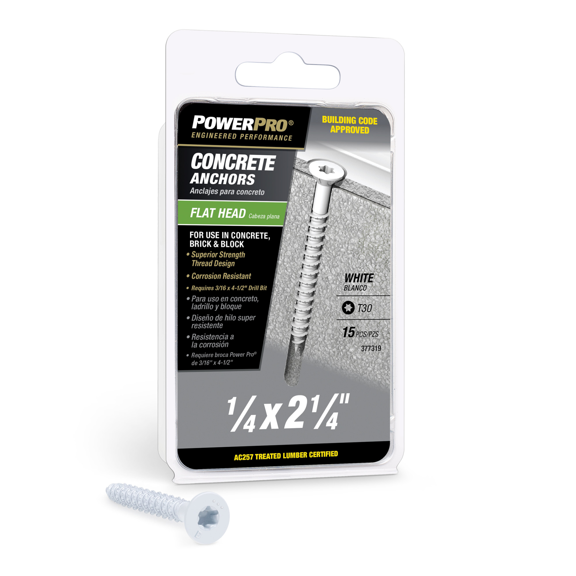 Power Pro White Flat-Head Concrete Screw Anchor (1/4 in. x 2-1/4 in.) - 15 pc