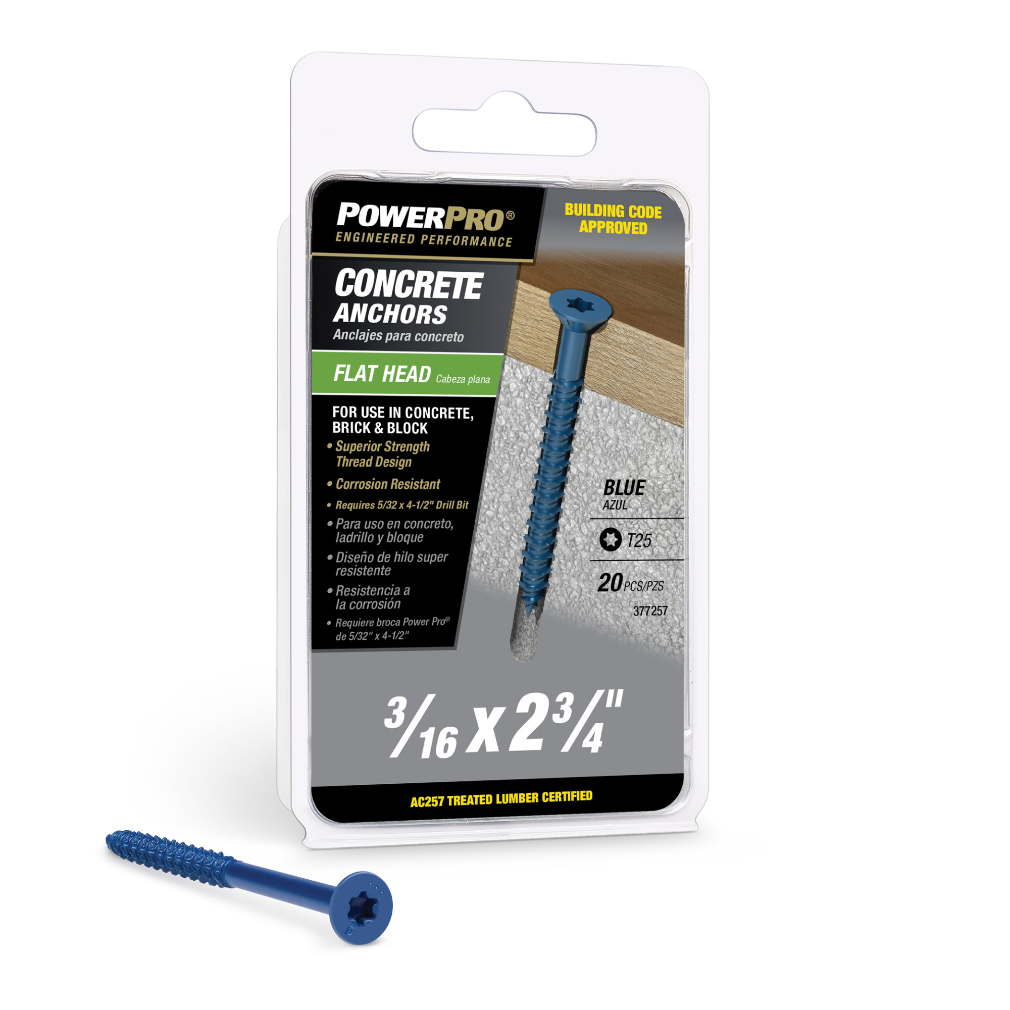 Power Pro Blue Flat-Head Concrete Screw Anchor (3/16 in. x 2-3/4 in.) - 20 pc