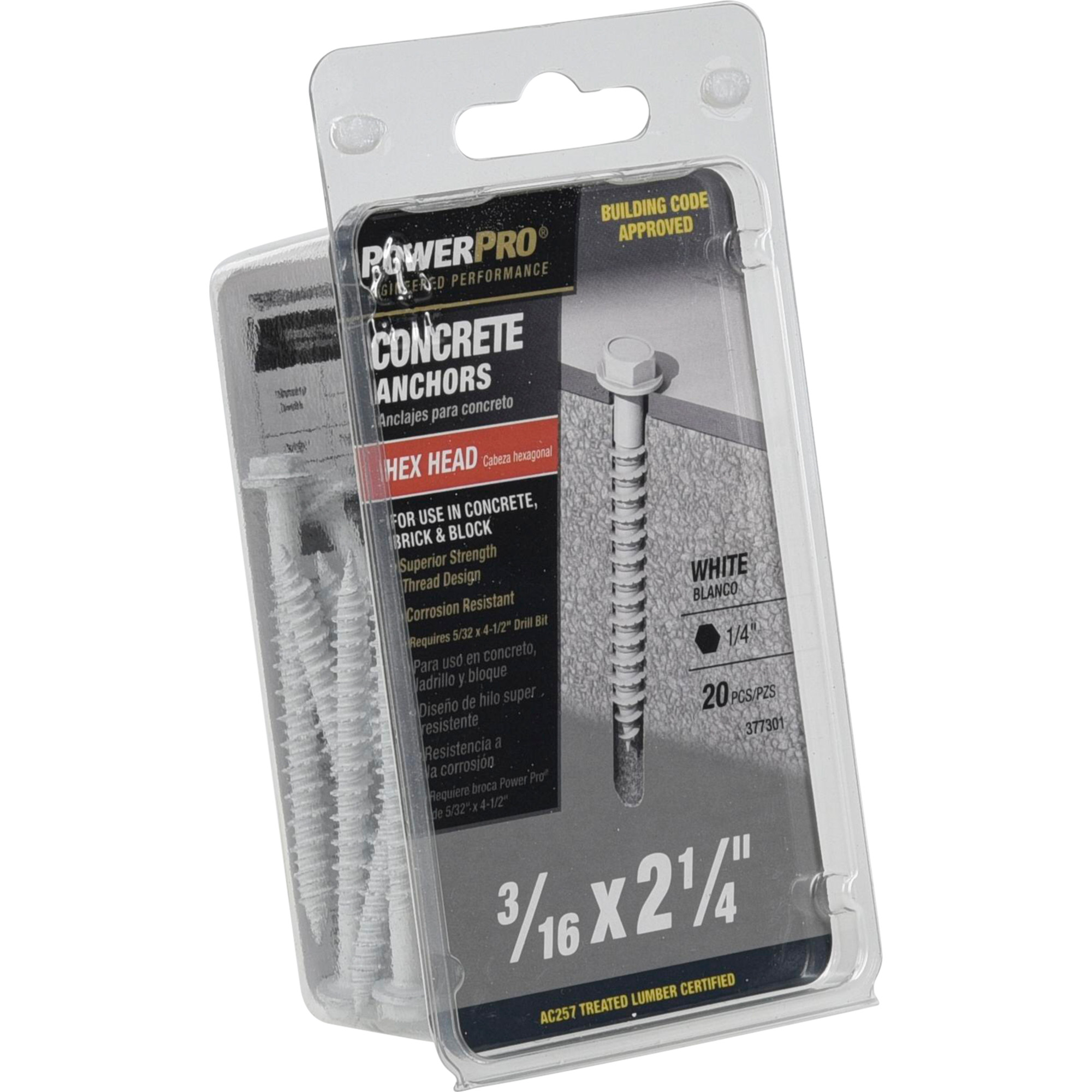 Power Pro White Hex Washer-Head Concrete Screw Anchor (3/16 in. x 2-1/4 in.) - 20 pc