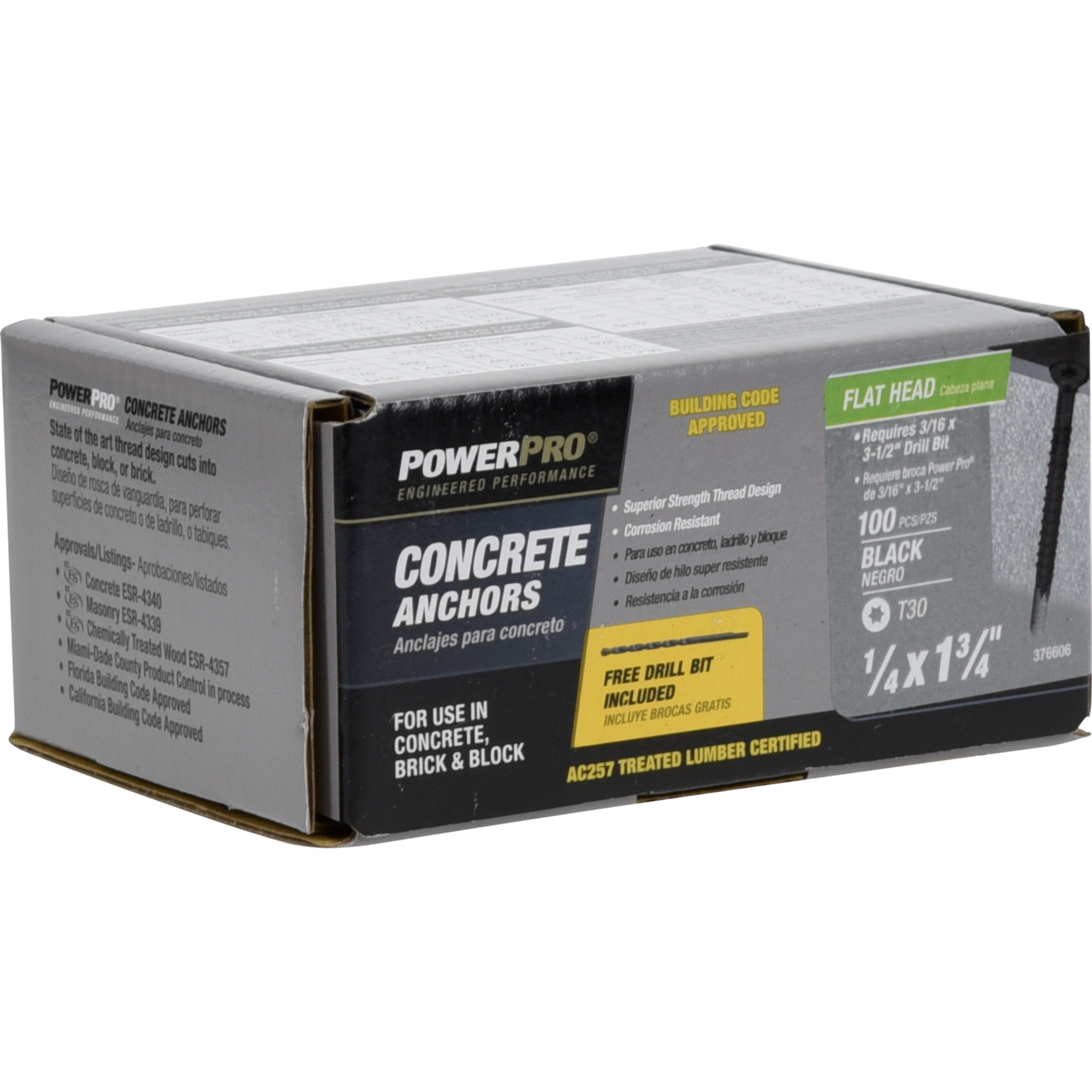 Power Pro Black Flat-Head Concrete Screw Anchor (1/4 in. x 1-3/4 in.) - 100 pc