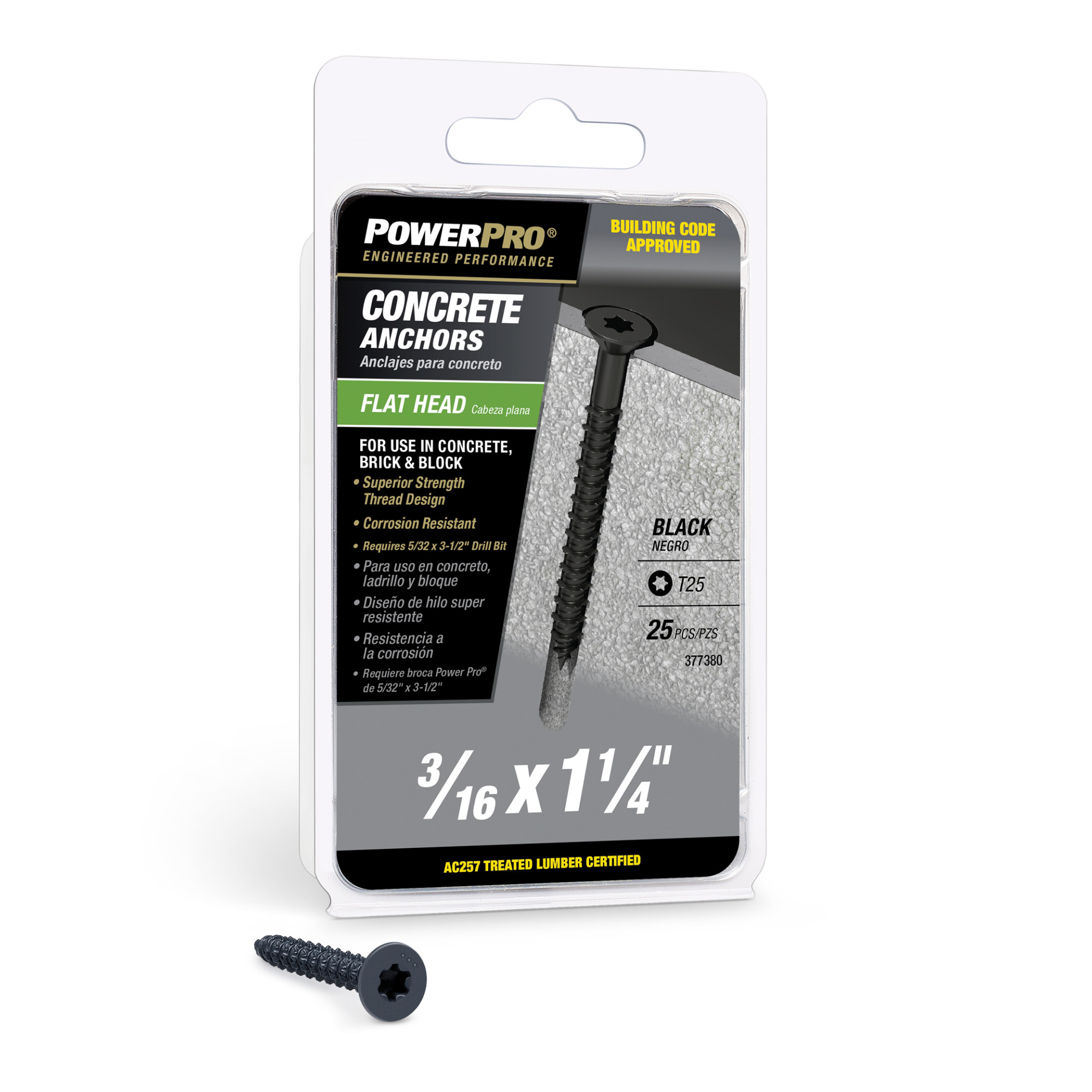 Power Pro Black Flat-Head Concrete Screw Anchor (3/16 in. x 1-1/4 in.) - 25 pc