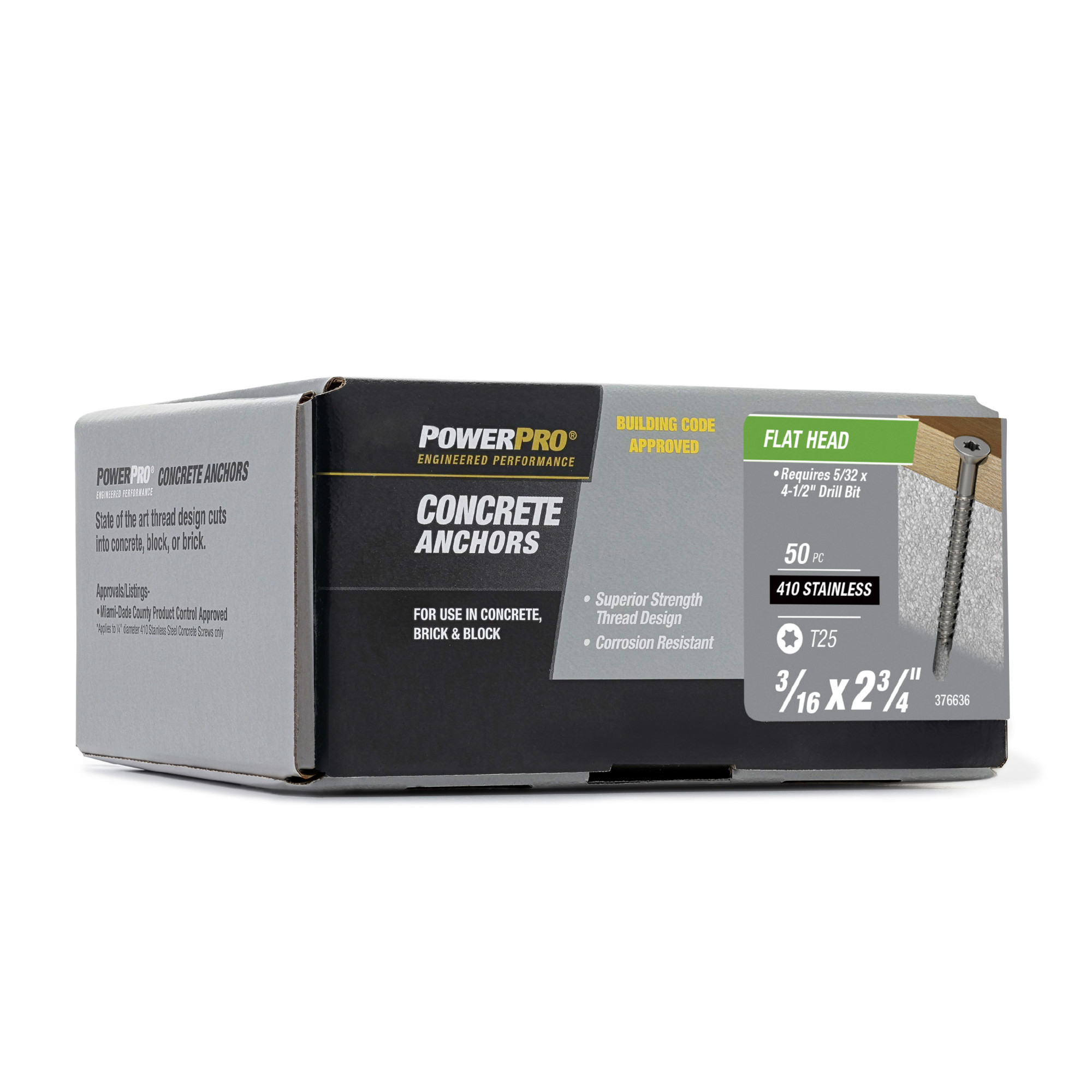 Power Pro 410 Stainless Flat Concrete Screw Anchor (3/16 in. x 2-3/4 in.) 100 pc