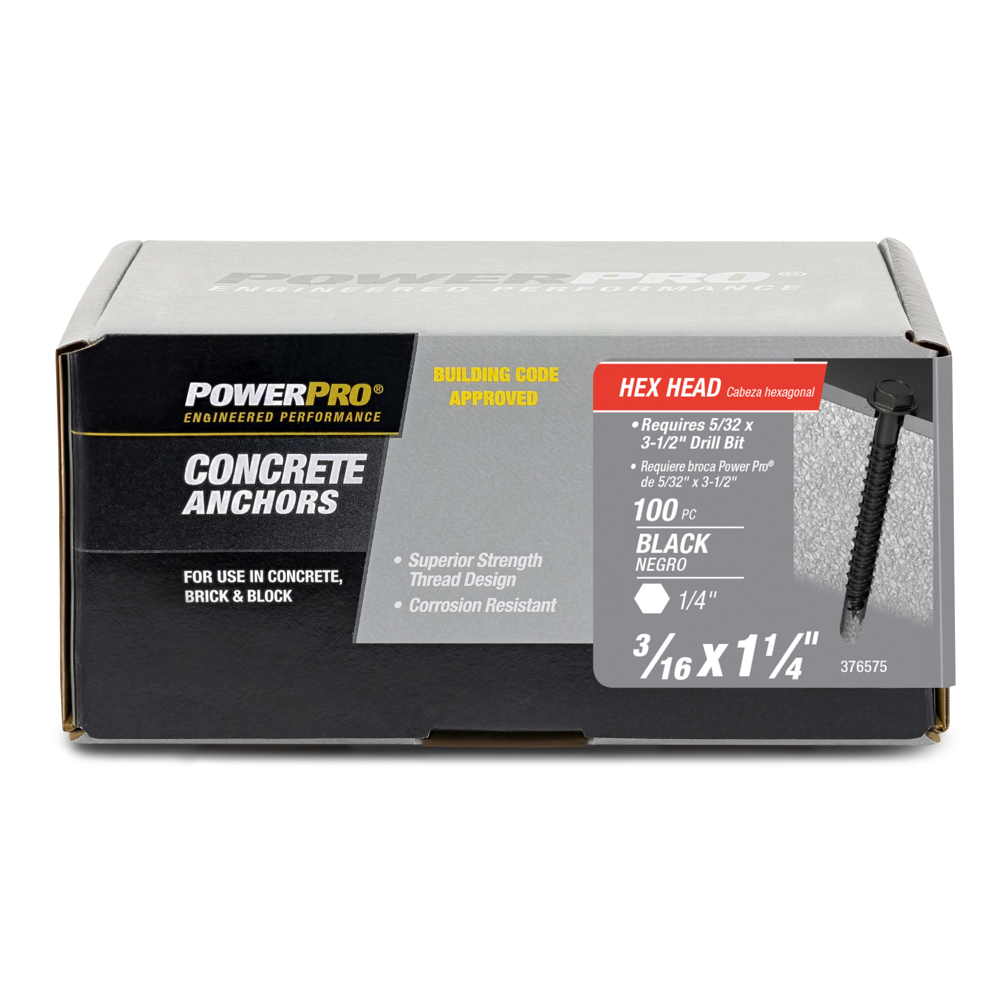 Power Pro Black Hex Washer-Head Concrete Screw Anchor (3/16 in. x 1-1/4 in.) - 100 pc